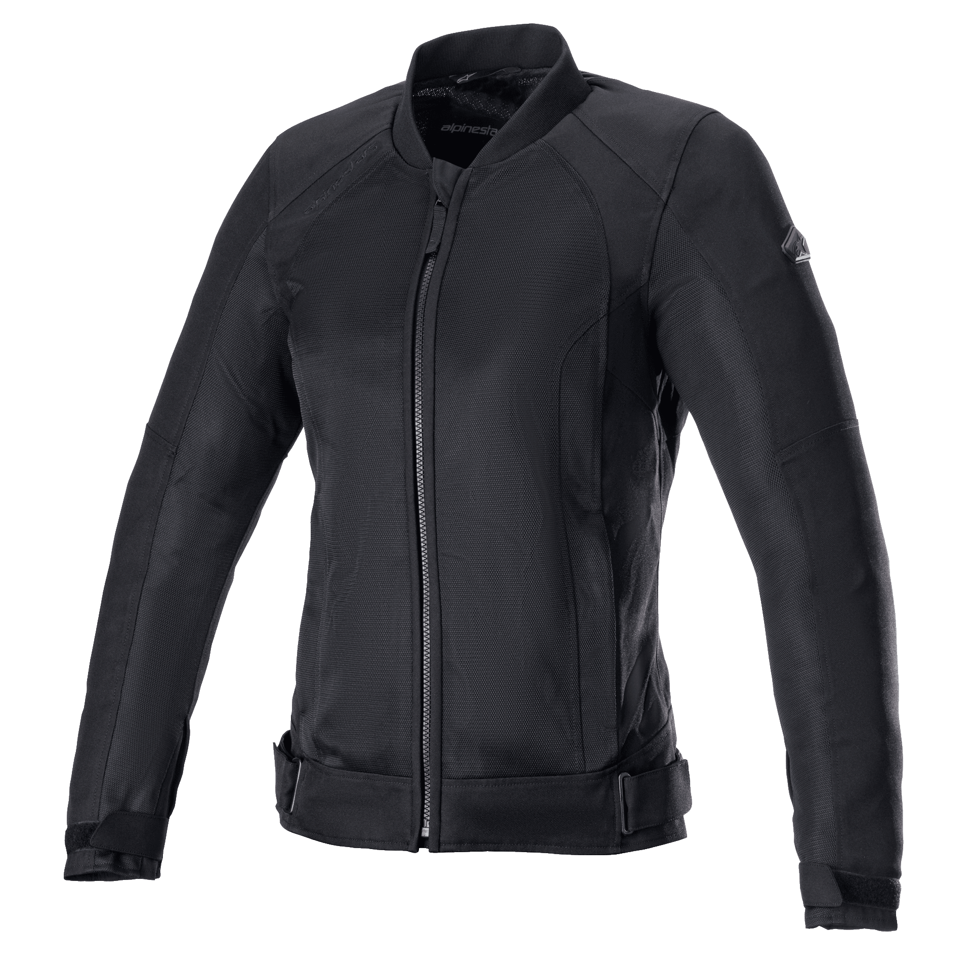 Alpinestars Eloise V2 Air-jas voor dames, zwarte motorjas, volledig zwarte textiel- en meshconstructie, voorzien van een ritssluiting aan de voorkant, hoge kraag en verstelbare taillebanden, strak ontwerp voor rijden in de stad