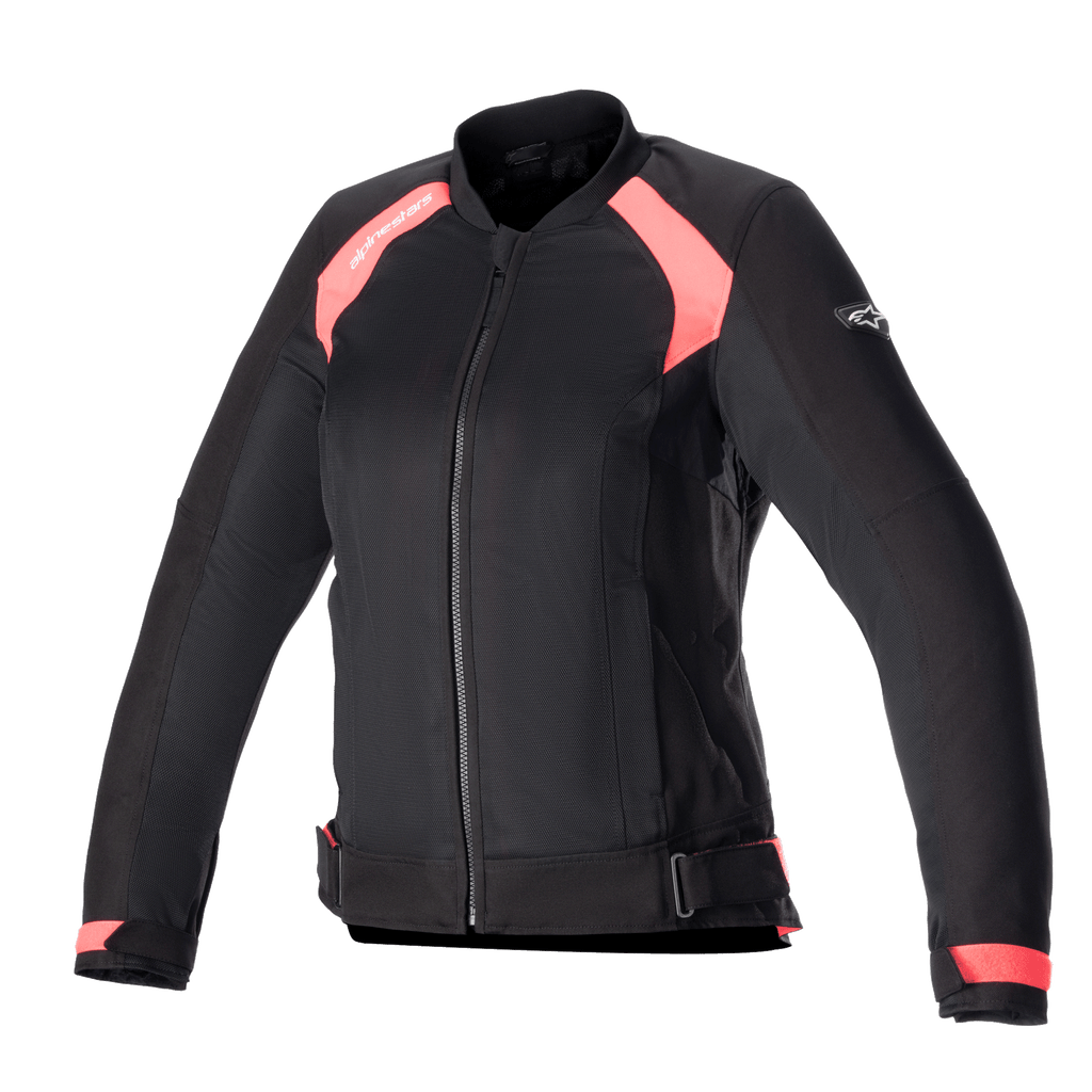 Alpinestars Eloise V2 dames motorjas, zwart en Diva Pink, bomber-stijl textiele motorjas met mesh-panelen voor ventilatie, ritssluiting aan de voorzijde, verstelbare taillebanden en een ergonomische pasvorm voor dames.