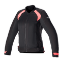 Alpinestars Eloise V2 dames motorjas, zwart en Diva Pink, bomber-stijl textiele motorjas met mesh-panelen voor ventilatie, ritssluiting aan de voorzijde, verstelbare taillebanden en een ergonomische pasvorm voor dames.