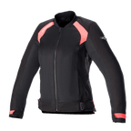 Alpinestars Eloise V2 dames motorjas, zwart en Diva Pink, bomber-stijl textiele motorjas met mesh-panelen voor ventilatie, ritssluiting aan de voorzijde, verstelbare taillebanden en een ergonomische pasvorm voor dames.