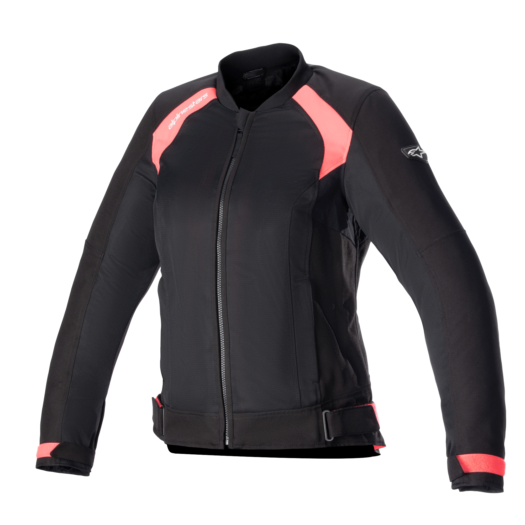 Alpinestars Eloise V2 dames motorjas, zwart en Diva Pink, bomber-stijl textiele motorjas met mesh-panelen voor ventilatie, ritssluiting aan de voorzijde, verstelbare taillebanden en een ergonomische pasvorm voor dames.