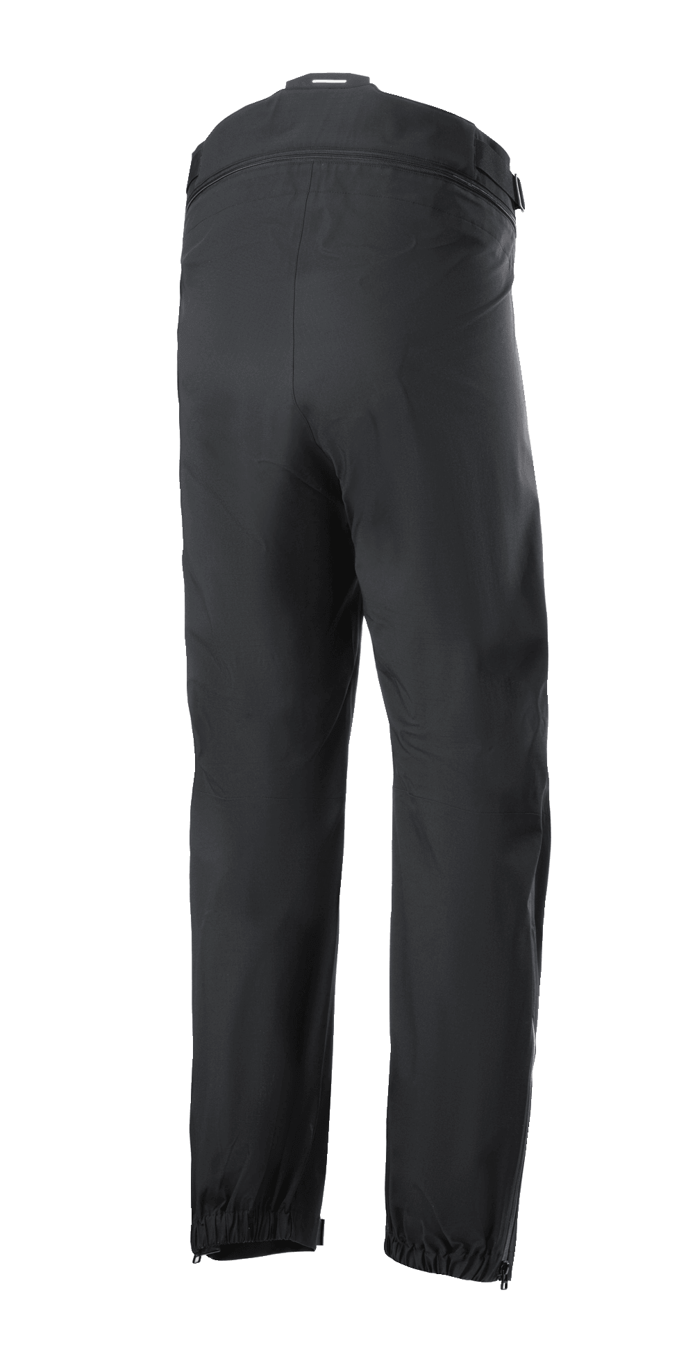 Alpinestars AMT Storm Gear Drystar® XF Pant, zwarte motoroverbroek, achteraanzicht met een verbindingsrits rondom de taille, elastische zomen en beenopeningen met rits voor rijden in natte weersomstandigheden.