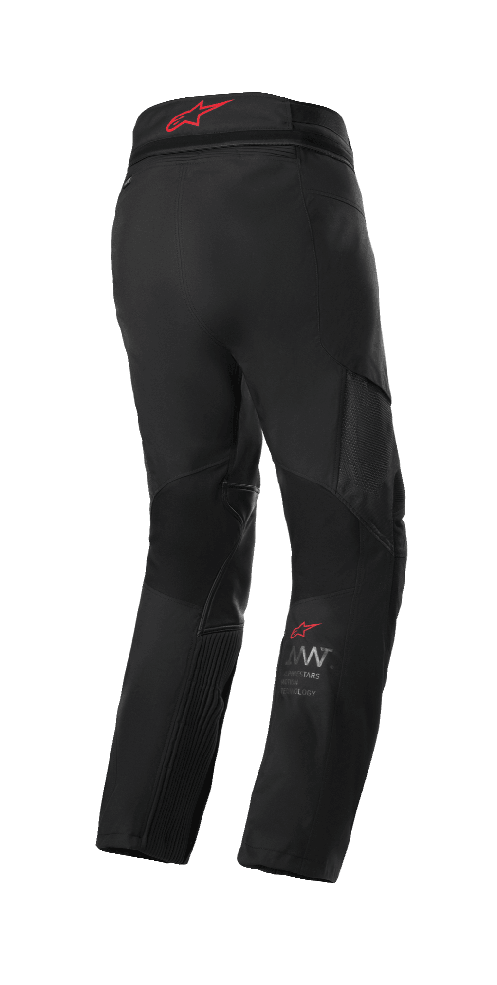 Alpinestars AMT 7 Air Pants, Adventure Touring motorbroek, Black Dark Shadow, achteraanzicht met rood Alpinestars-logo op de tailleband, voorzien van MATRYX-ventilatiepanelen en stretchzones voor luchtstroom en comfort.