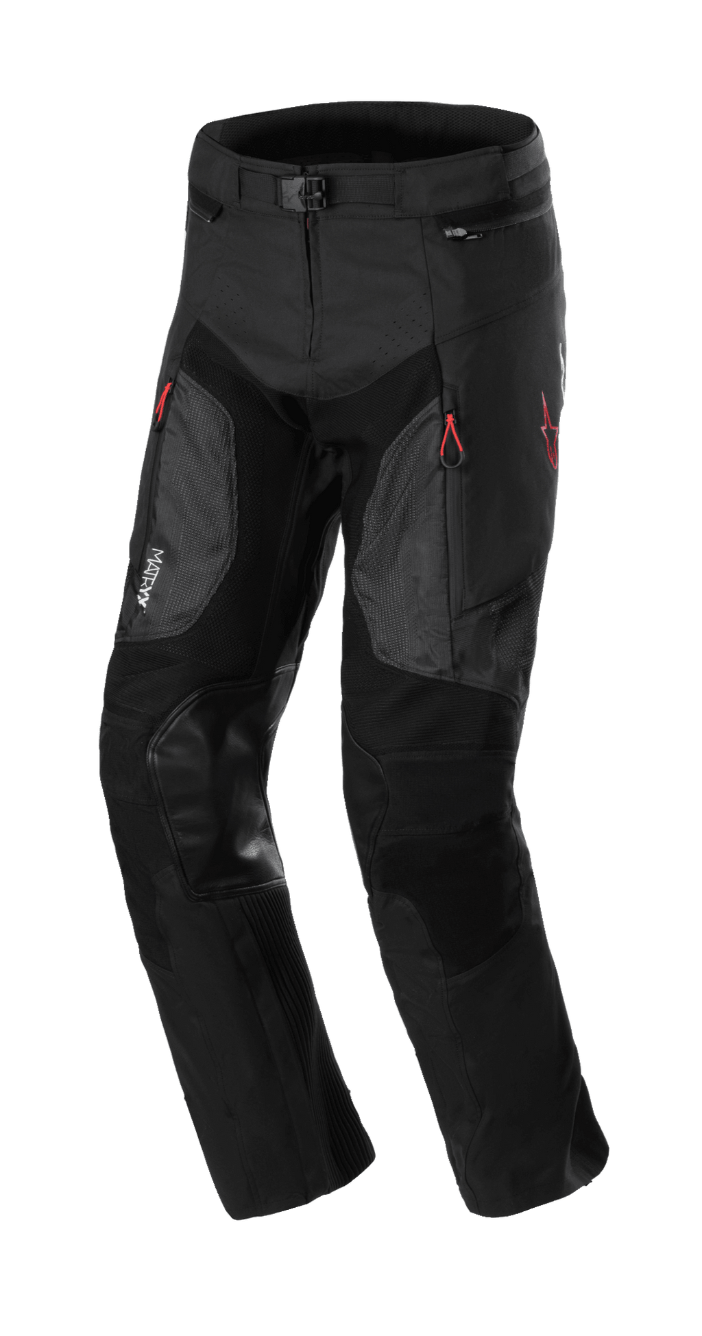Alpinestars AMT 7 Air Pants, motorbroek, Black Dark Shadow, voorzien van MATRYX-ventilatiepanelen op de dijen, versterkte leren kniestukken, rode ritstrekkers en verstelbare tailleband, duurzame textielconstructie voor adventure rijden