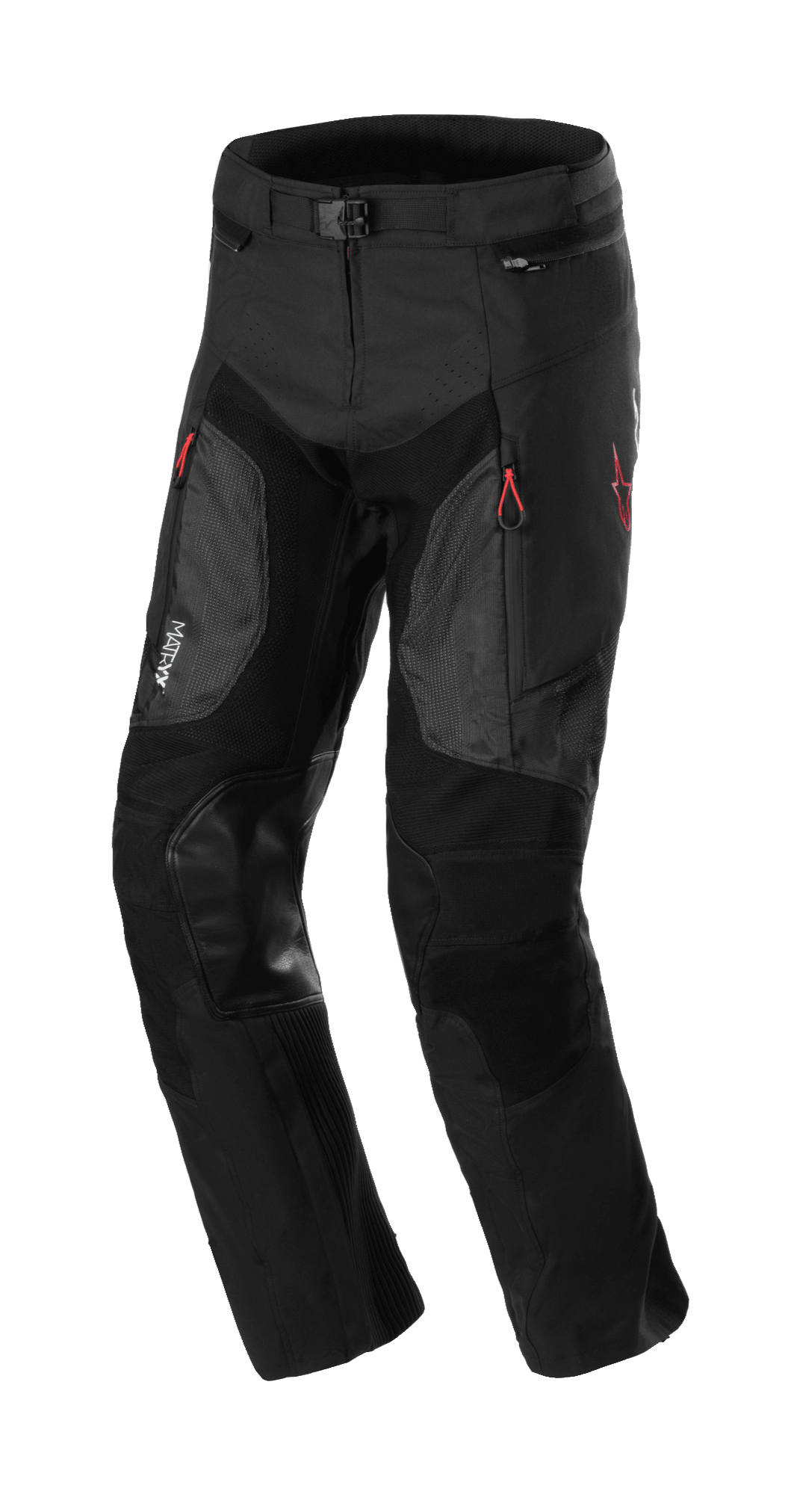 Alpinestars AMT 7 Air Pants, motorbroek, Black Dark Shadow, voorzien van MATRYX-ventilatiepanelen op de dijen, versterkte leren kniestukken, rode ritstrekkers en verstelbare tailleband, duurzame textielconstructie voor adventure rijden
