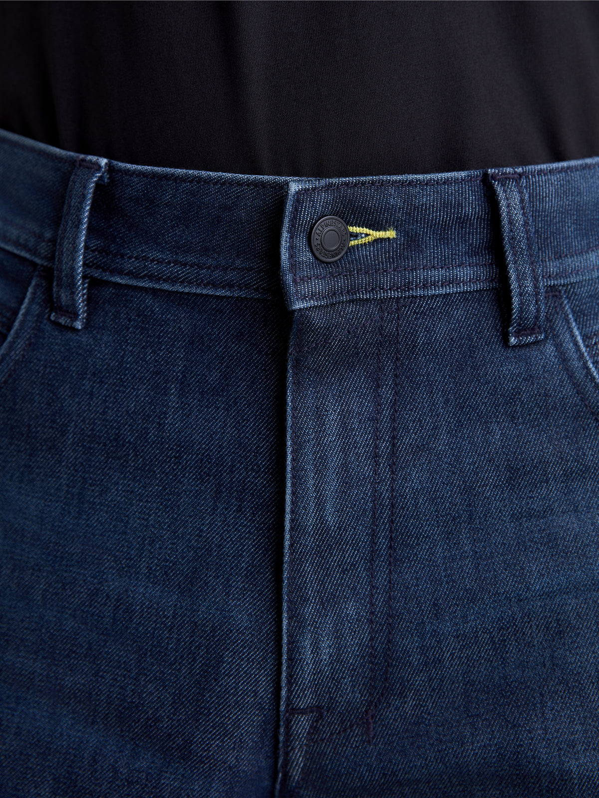Alpinestars Flex-AST 10 Tough Max Denim Pants, motorcycle urban contemporary denim pants, dark blue, close-up view of the waistband, metal zipper fly, and branded button closure