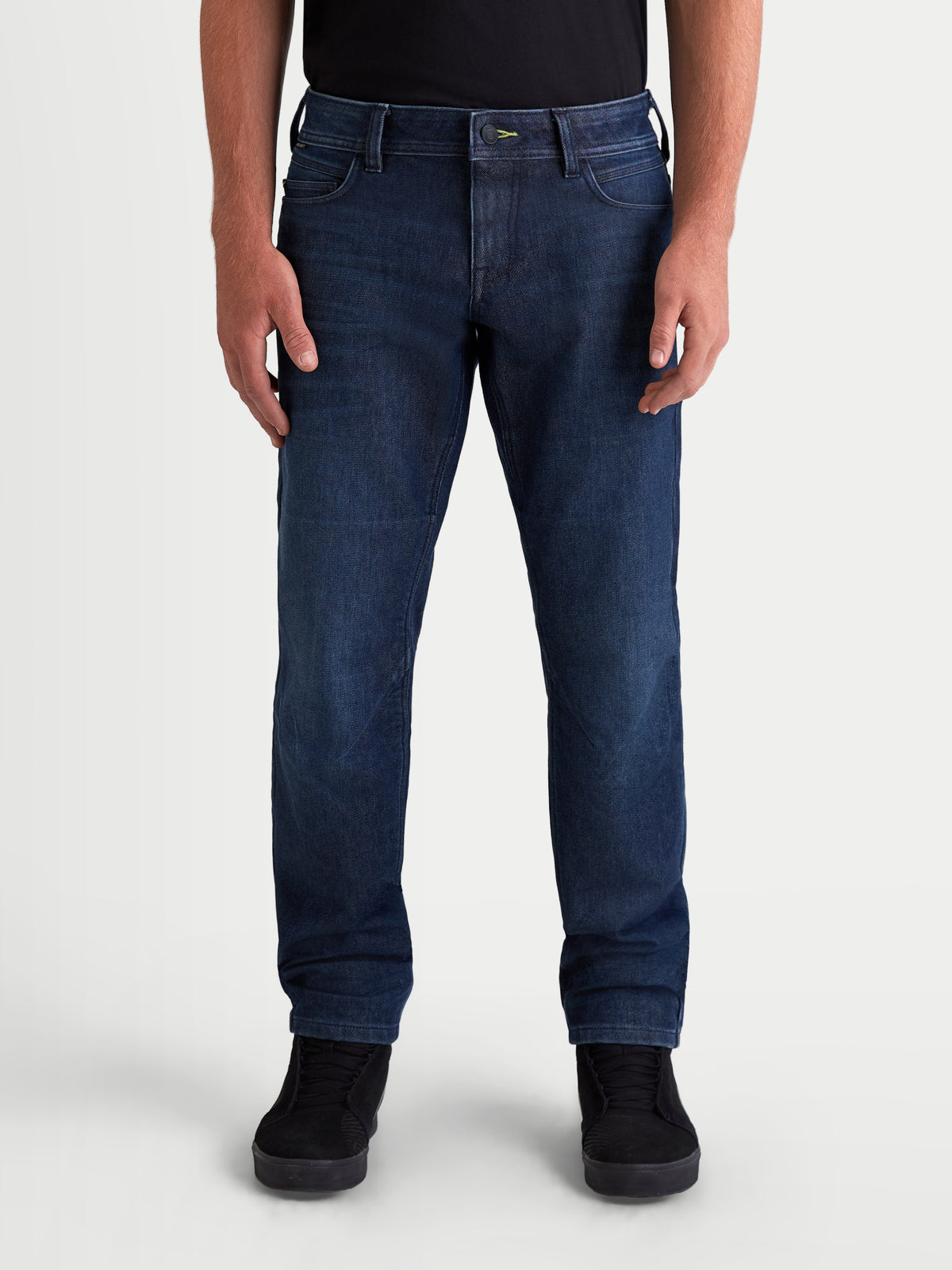 Alpinestars Flex-AST 10 Tough Max Denim Pants, men's urban motorcycle jeans in dark blue, front view on a model showing single-layer technical denim construction and regular tapered fit