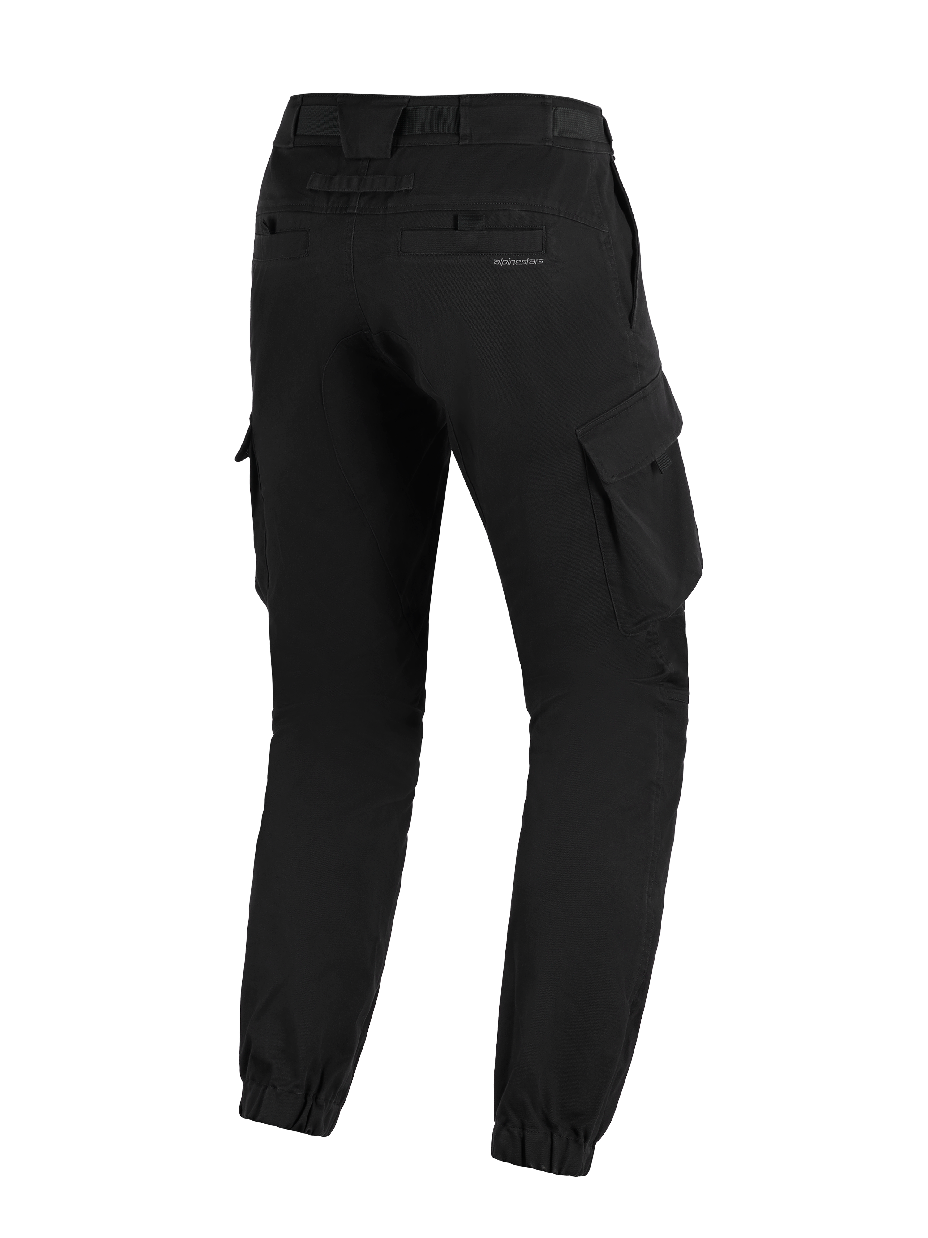 Alpinestars Flex-AST Cargo Pants, Black, rear three-quarter view, urban motorcycle pants featuring large side cargo pockets, elasticated hems, and subtle branding on the back pocket.