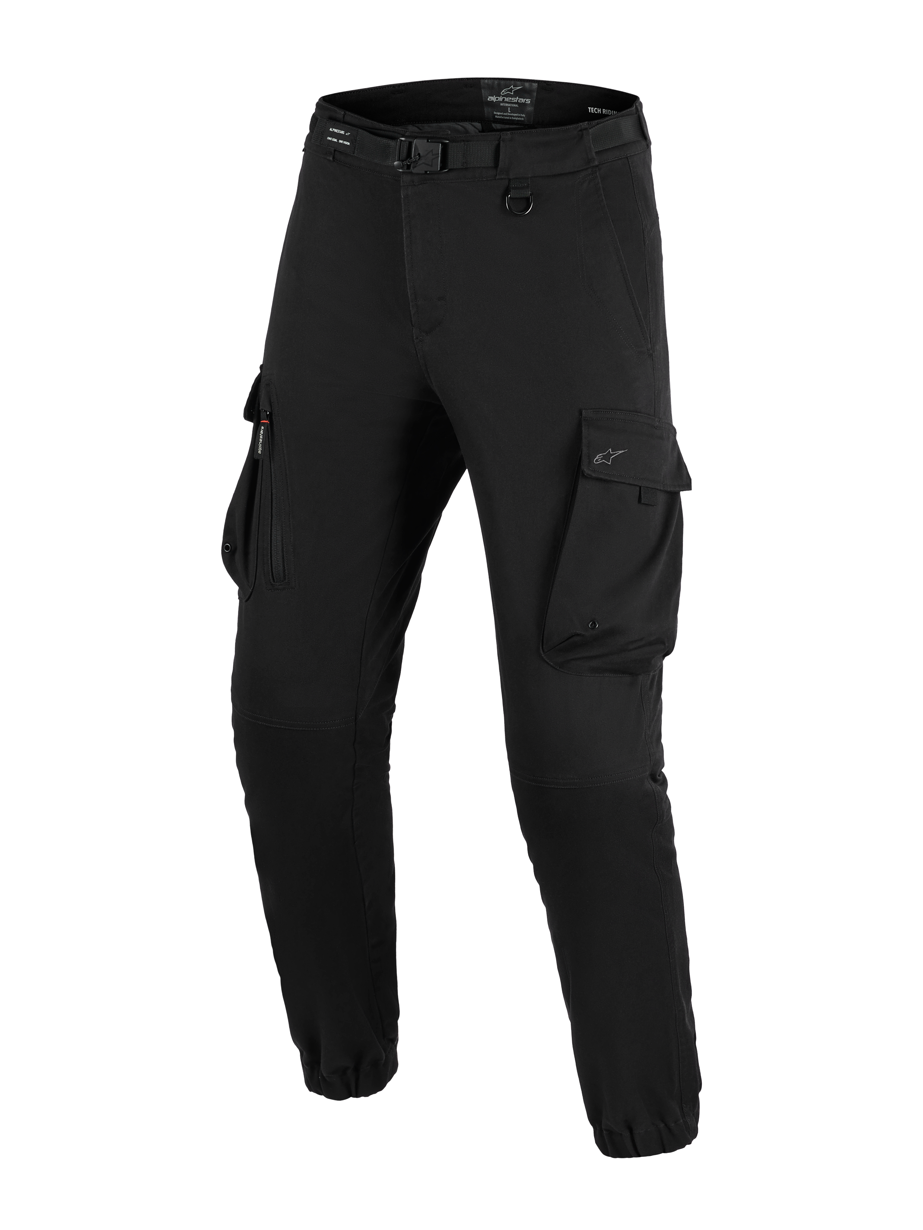 Alpinestars Flex-AST Cargo Pants - Short, Urban Motorcycle Pants, Black, regular tapered fit with elasticated hems, featuring integrated belt with buckle, D-ring, and large side cargo pockets.