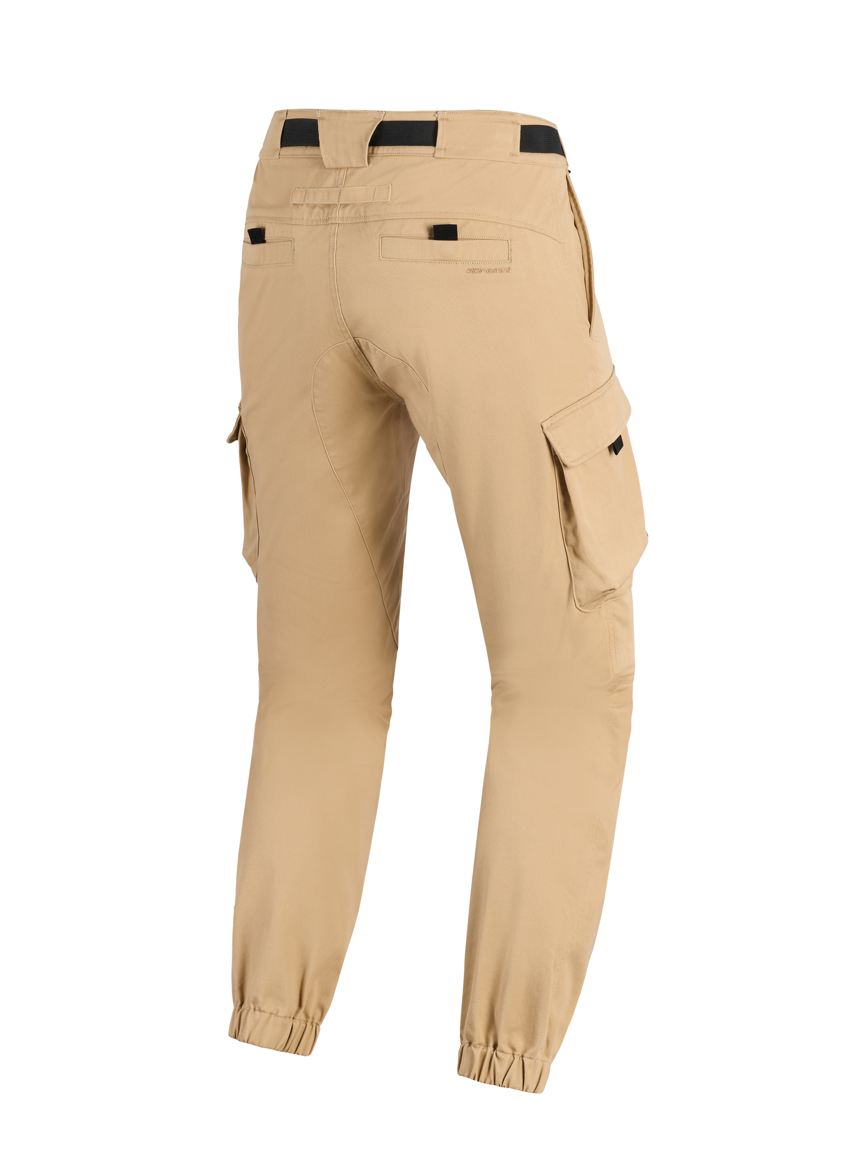 Alpinestars Flex-AST Cargo Pants, Light Beige, Motorcycle Pants, rear view showing tapered legs with elasticated hems, side cargo pockets, and black waist strap, urban military-inspired design