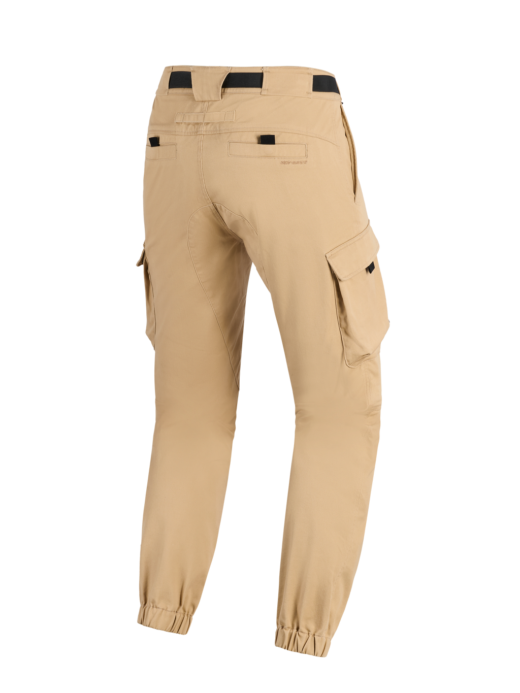 Alpinestars Flex-AST Cargo Broek - Short, stedelijke motorbroek, lichtbeige, achteraanzicht met cargozakken aan de zijkant, elastische enkelmanchetten en achterzakken met zwarte accenten, robuust eigentijds ontwerp