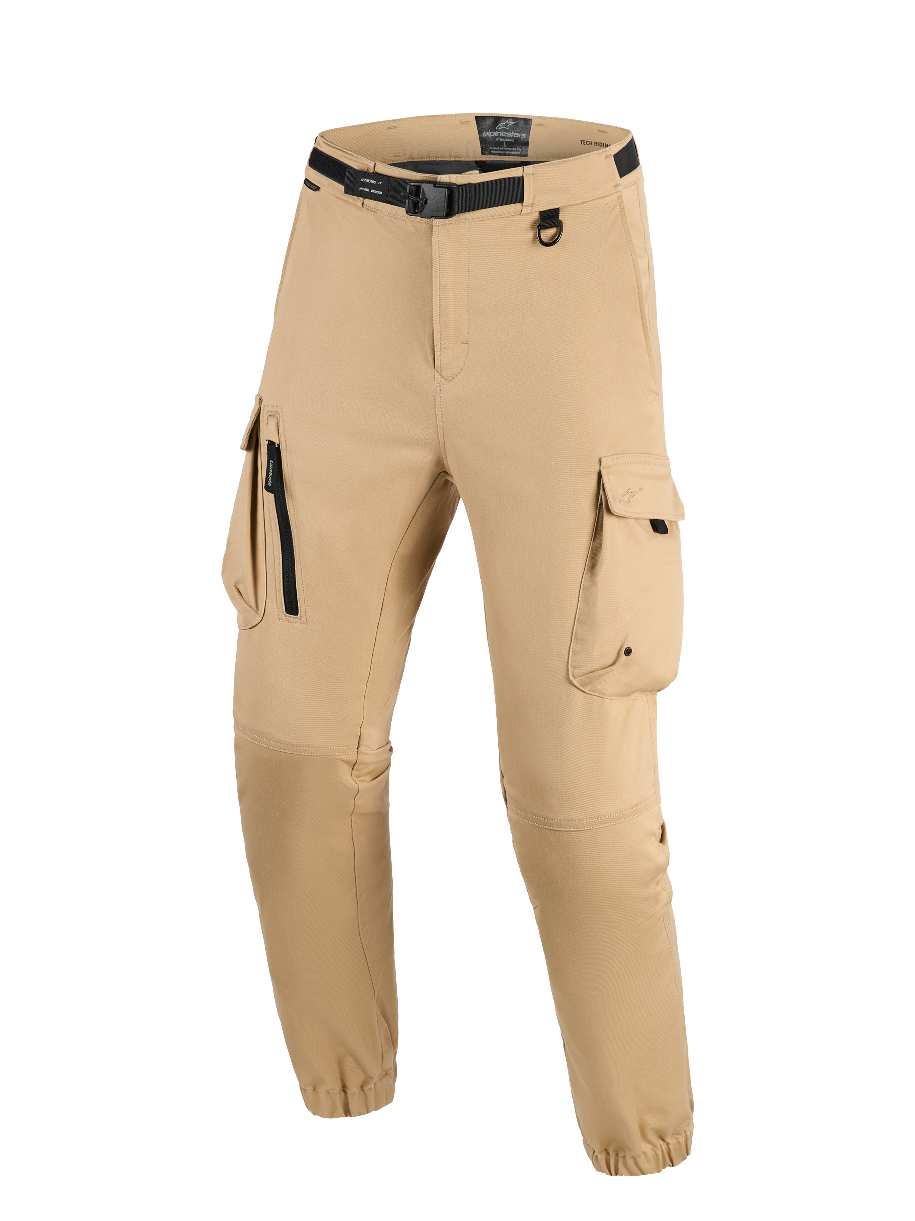 Alpinestars Flex-AST Cargo Pants - Short, lichtbeige urban motorbroek met een cargo-ontwerp met meerdere zakken, geïntegreerde zwarte riem met gesp, D-ring en elastische zomen voor een taps toelopende pasvorm