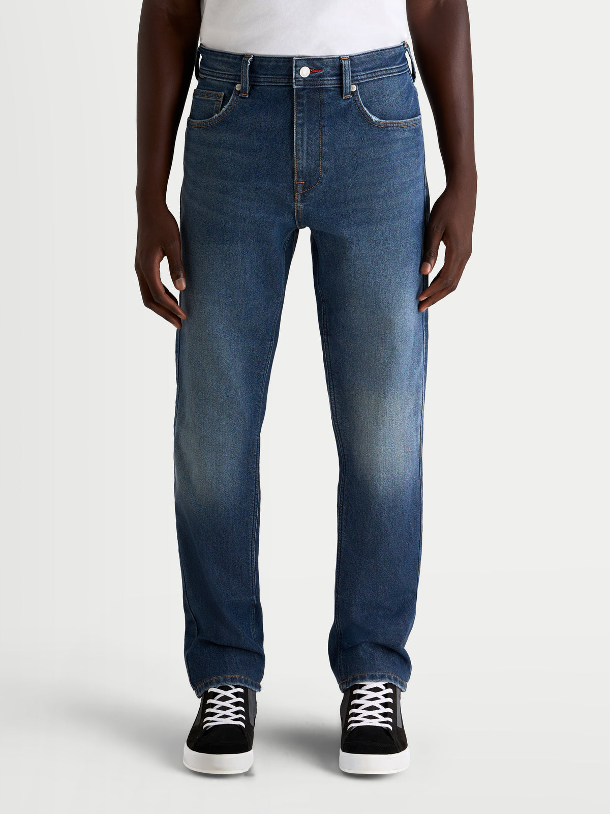 Alpinestars Flex-AST 8 Denim Pants Short, men's urban motorcycle jeans in medium blue, straight-leg fit worn by a model, AA-certified single-layer riding denim with COOLMAX comfort