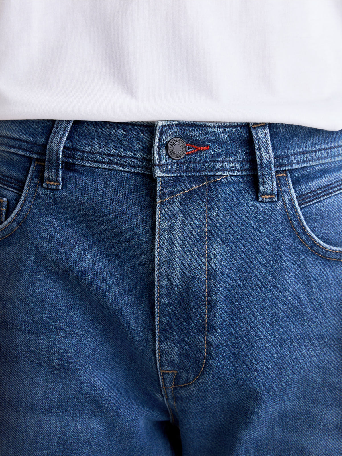 Alpinestars Flex-AST 7 Denim Pants Short, urban motorcycle denim pants, close-up of waistband, metal button fly, and five-pocket construction, light blue, technical CORDURA and COOLMAX construction