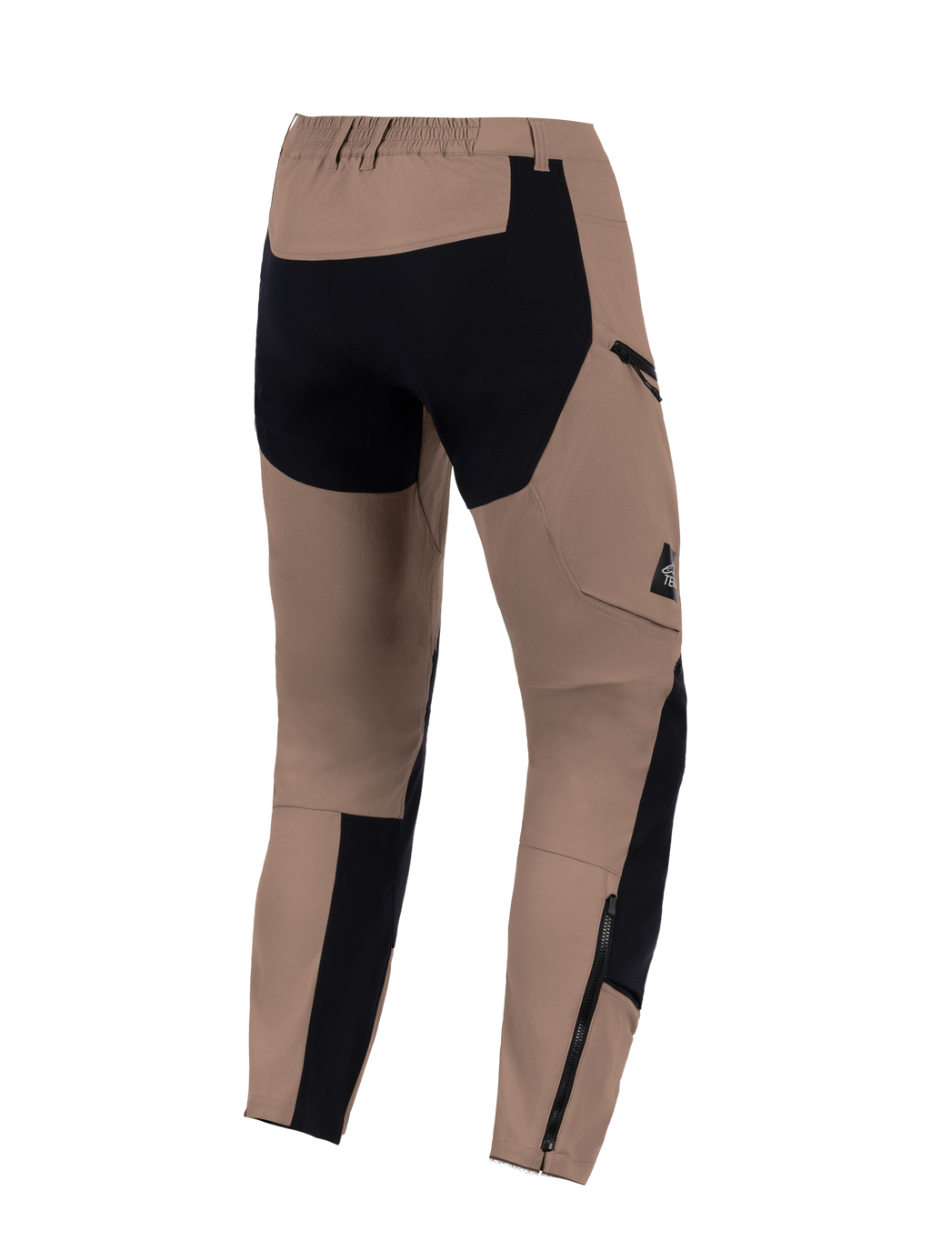 Alpinestars Flex-AST Explorer broek, Walnut Black, achteraanzicht, adventure motorbroek met versterkte zwarte panelen op het zitvlak en de onderbenen, cargozak met ritssluiting en lange ritsen aan de onderbenen voor compatibiliteit met laarzen.