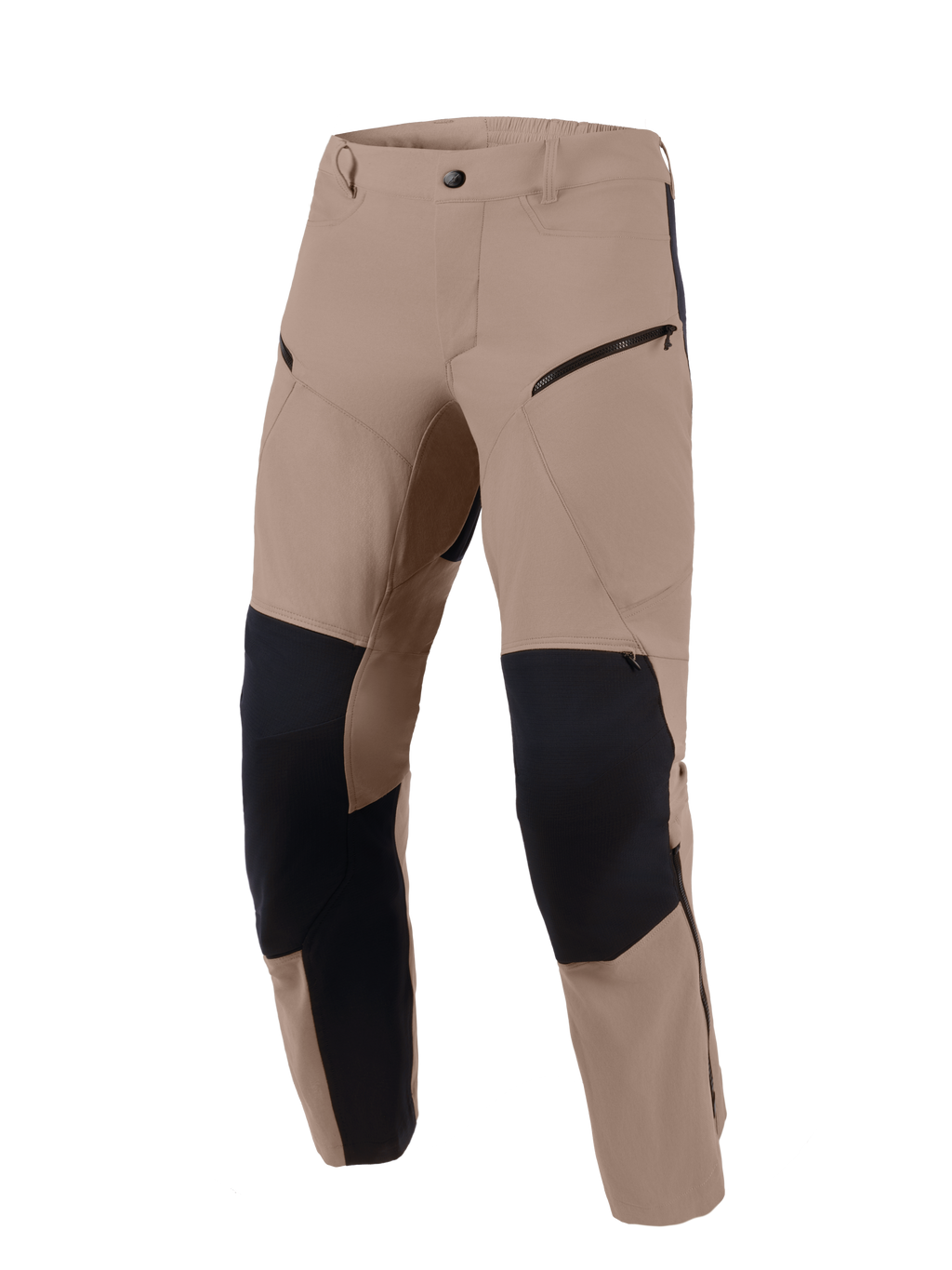 Alpinestars Flex-AST Explorer broek, Walnut Black, adventure motorbroek van walnut bruin stretchtextiel met zwarte ripstop-verstevigingspanelen op de knieën en de binnenkant van de benen, cargozakken met ritssluiting en een duurzaam ontwerp voor diverse terreinen.