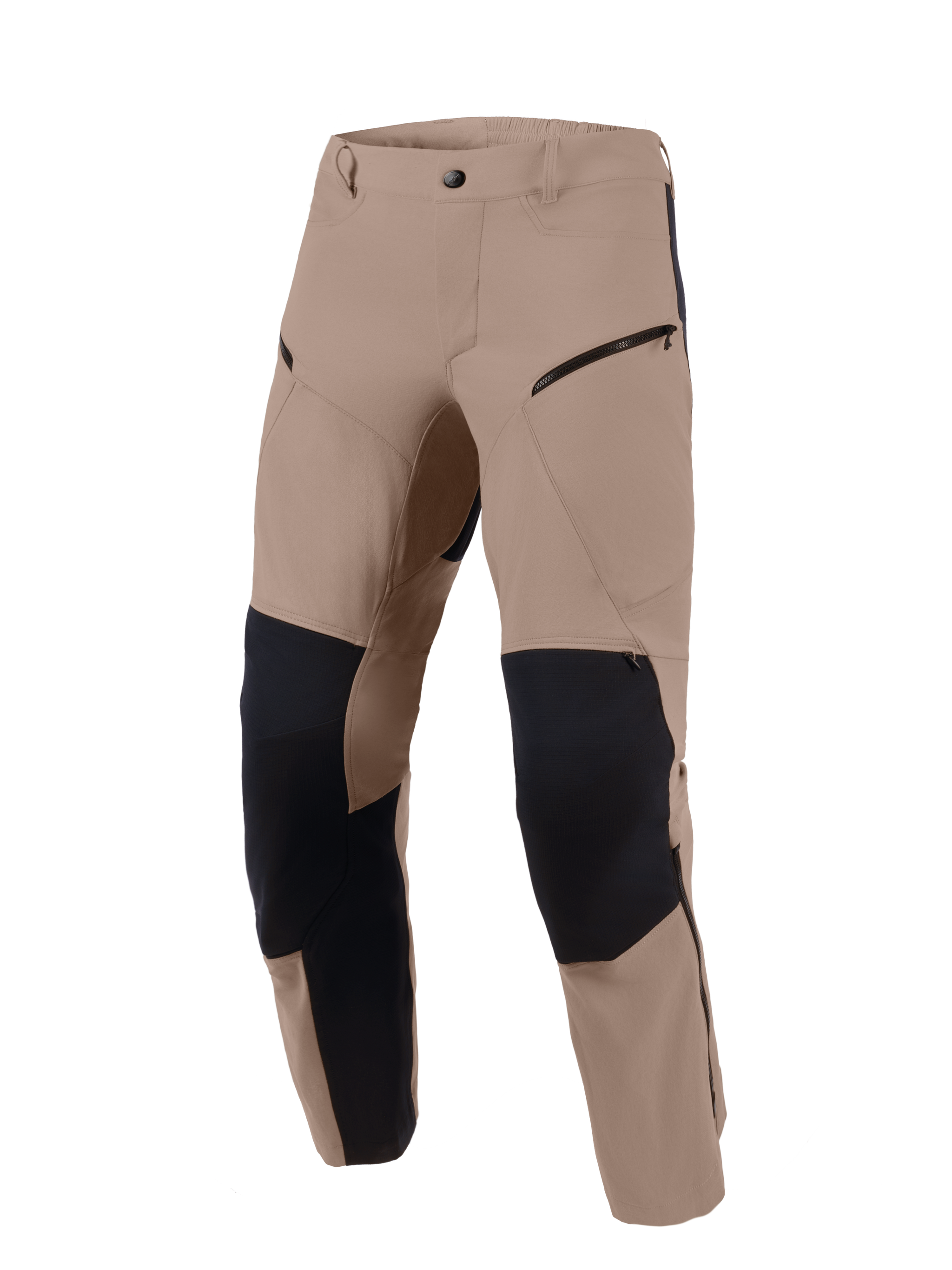 Alpinestars Flex-AST Explorer broek, Walnut Black, adventure motorbroek van walnut bruin stretchtextiel met zwarte ripstop-verstevigingspanelen op de knieën en de binnenkant van de benen, cargozakken met ritssluiting en een duurzaam ontwerp voor diverse terreinen.