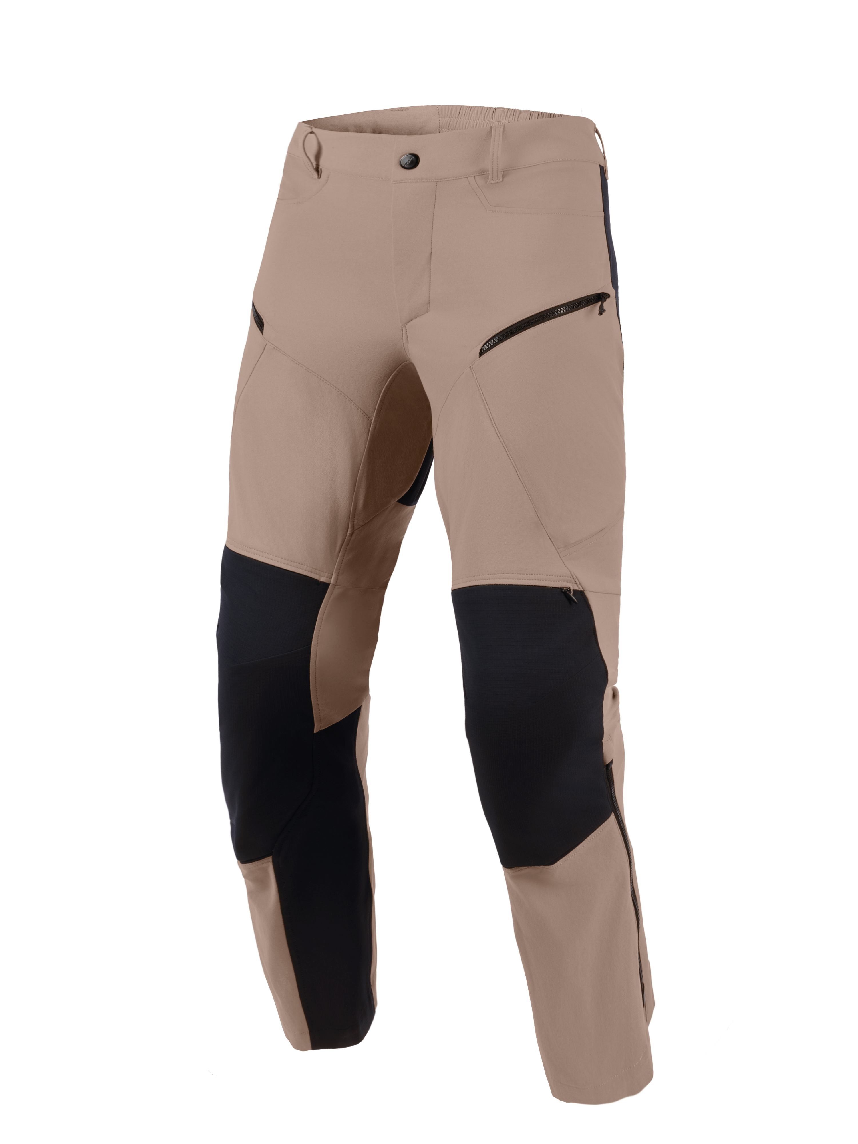 Alpinestars Flex-AST Explorer broek, Walnut Black, adventure motorbroek van walnut bruin stretchtextiel met zwarte ripstop-verstevigingspanelen op de knieën en de binnenkant van de benen, cargozakken met ritssluiting en een duurzaam ontwerp voor diverse terreinen.