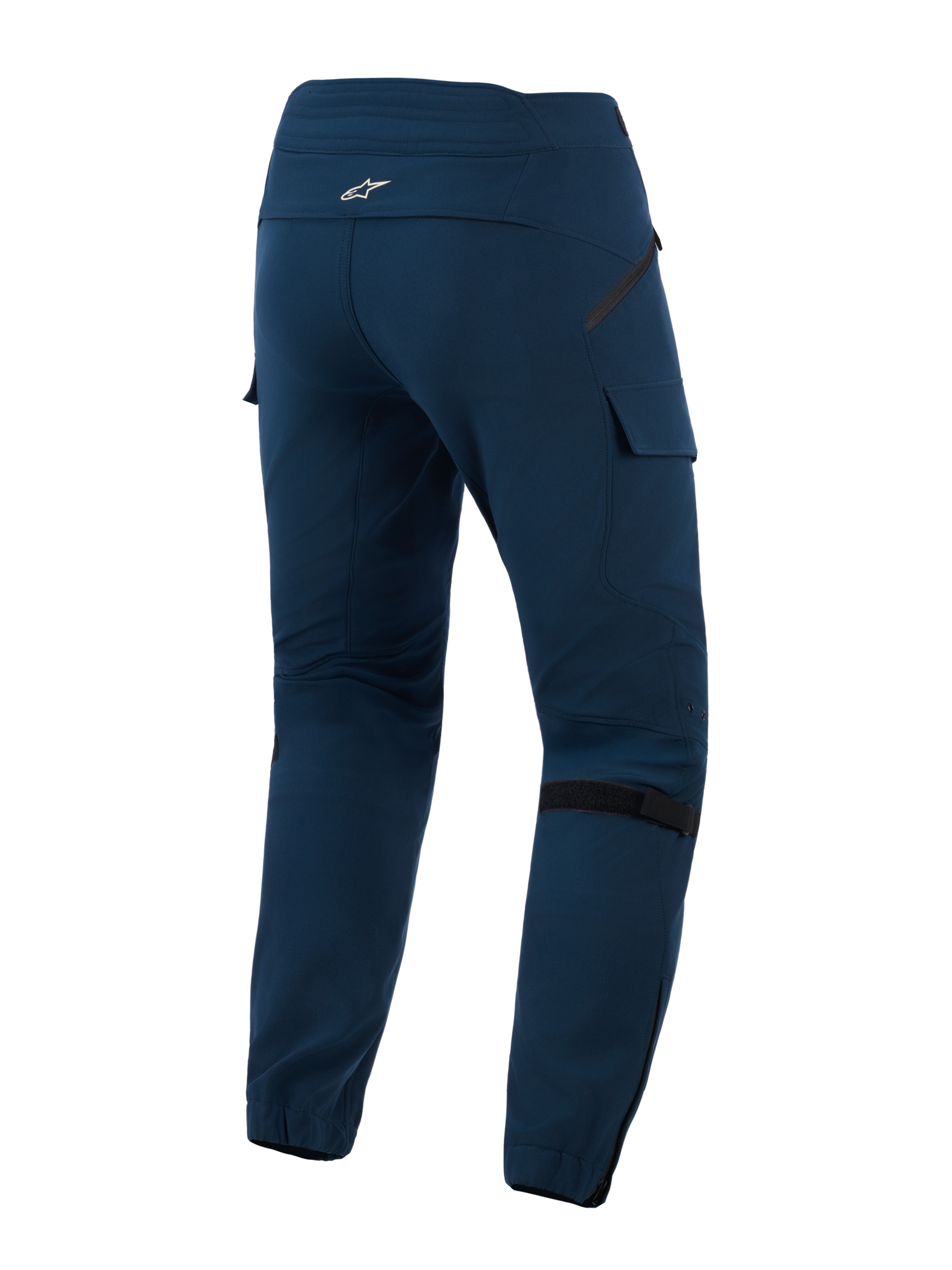 Alpinestars Juggernaut V2 Riding Pants, Night Navy, achteraanzicht met cargo-stijl zakken, verstelbare kniebanden en elastische beenmanchetten met ritsen, technische stedelijke motorbroek van textiel