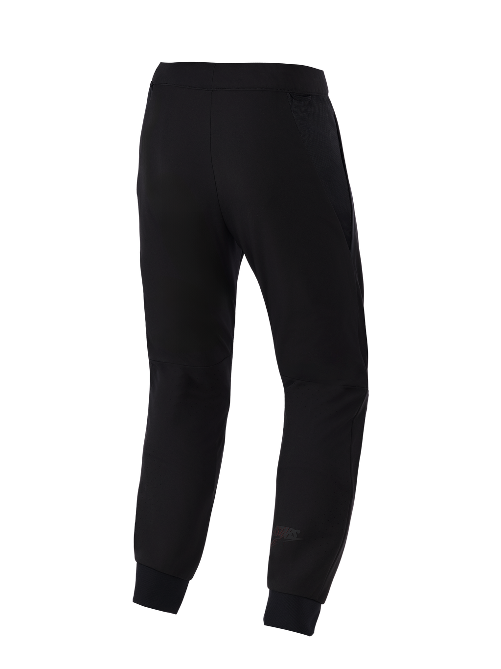 Alpinestars Aeroshell Airflow broek, motorbroek, zwart, achteraanzicht met een lichtgewicht stretch softshell-chassis, geïntegreerde 2D mesh-panelen voor ademend vermogen, lasergeperforeerde kuitzones en een subtiel Astars-logo op het onderbeen.