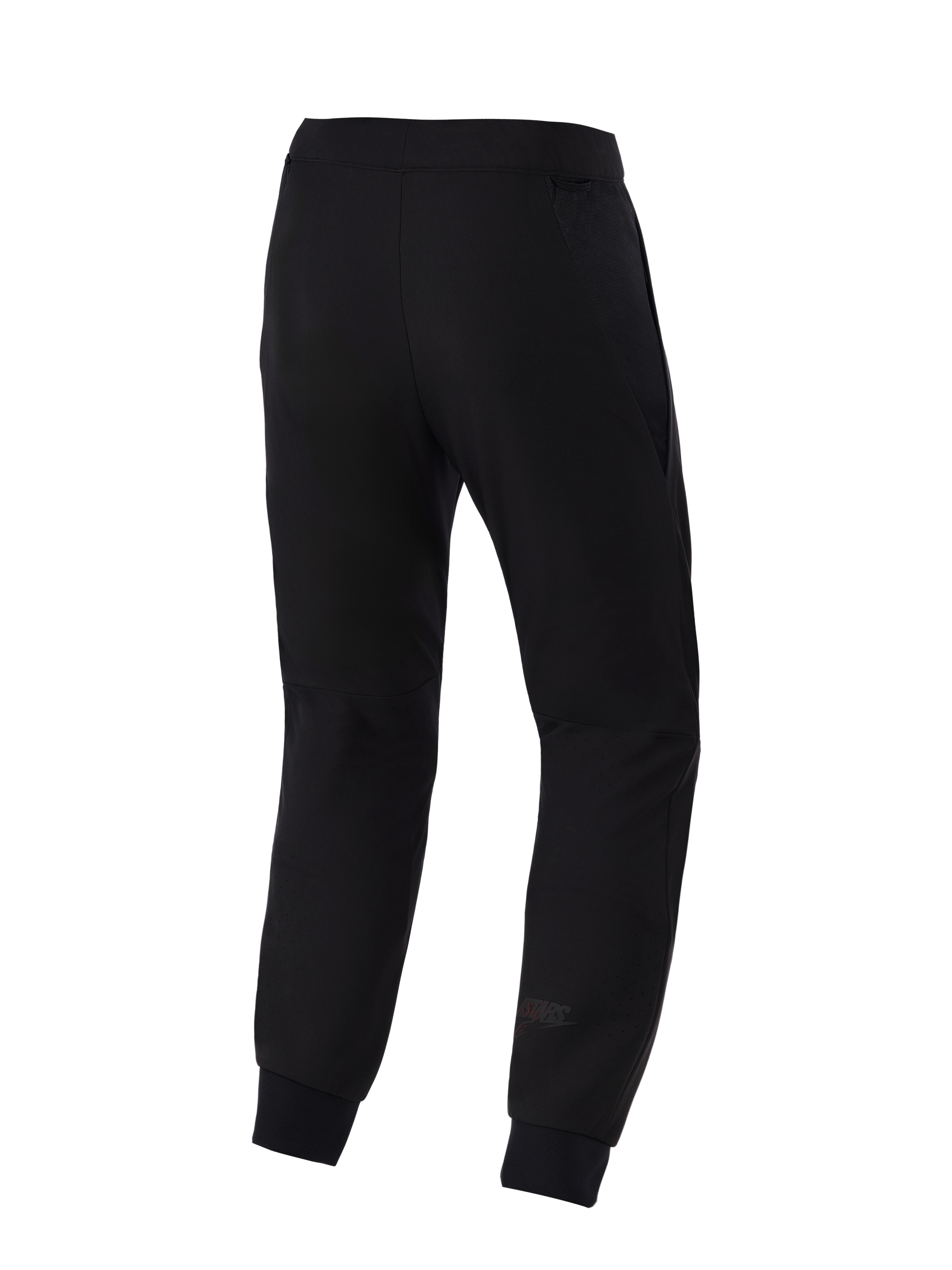 Alpinestars Aeroshell Airflow broek, motorbroek, zwart, achteraanzicht met een lichtgewicht stretch softshell-chassis, geïntegreerde 2D mesh-panelen voor ademend vermogen, lasergeperforeerde kuitzones en een subtiel Astars-logo op het onderbeen.