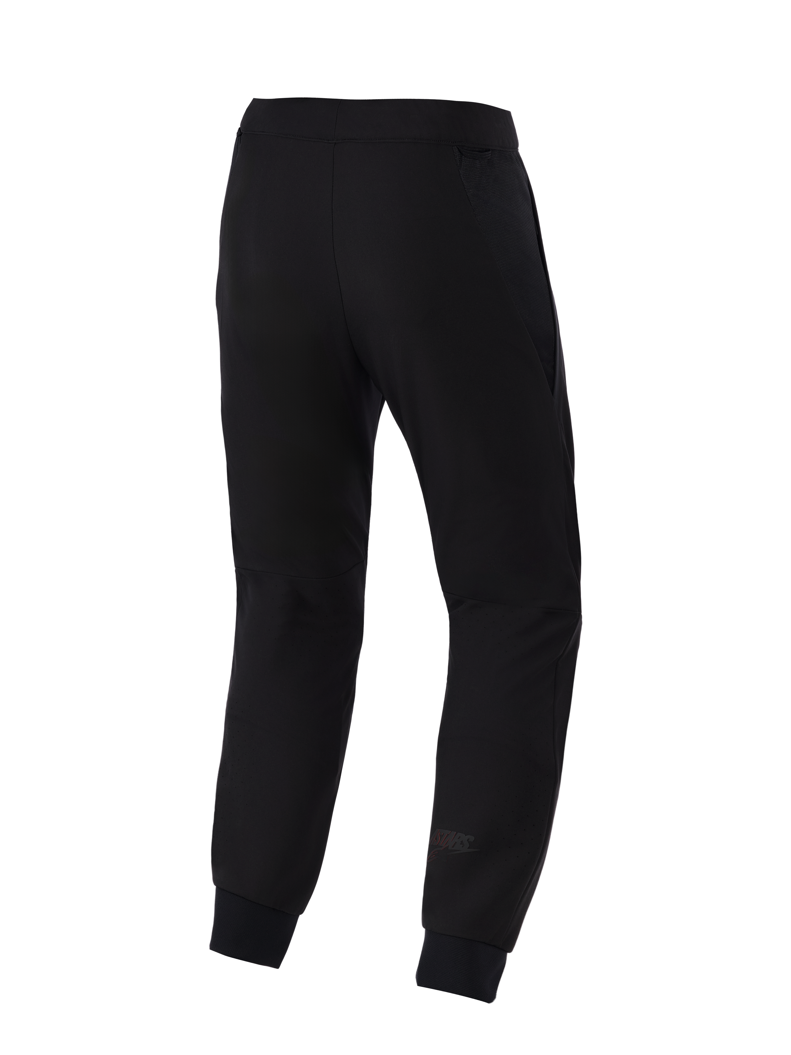 Alpinestars Aeroshell Airflow broek, motorbroek, zwart, achteraanzicht met een lichtgewicht stretch softshell-chassis, geïntegreerde 2D mesh-panelen voor ademend vermogen, lasergeperforeerde kuitzones en een subtiel Astars-logo op het onderbeen.