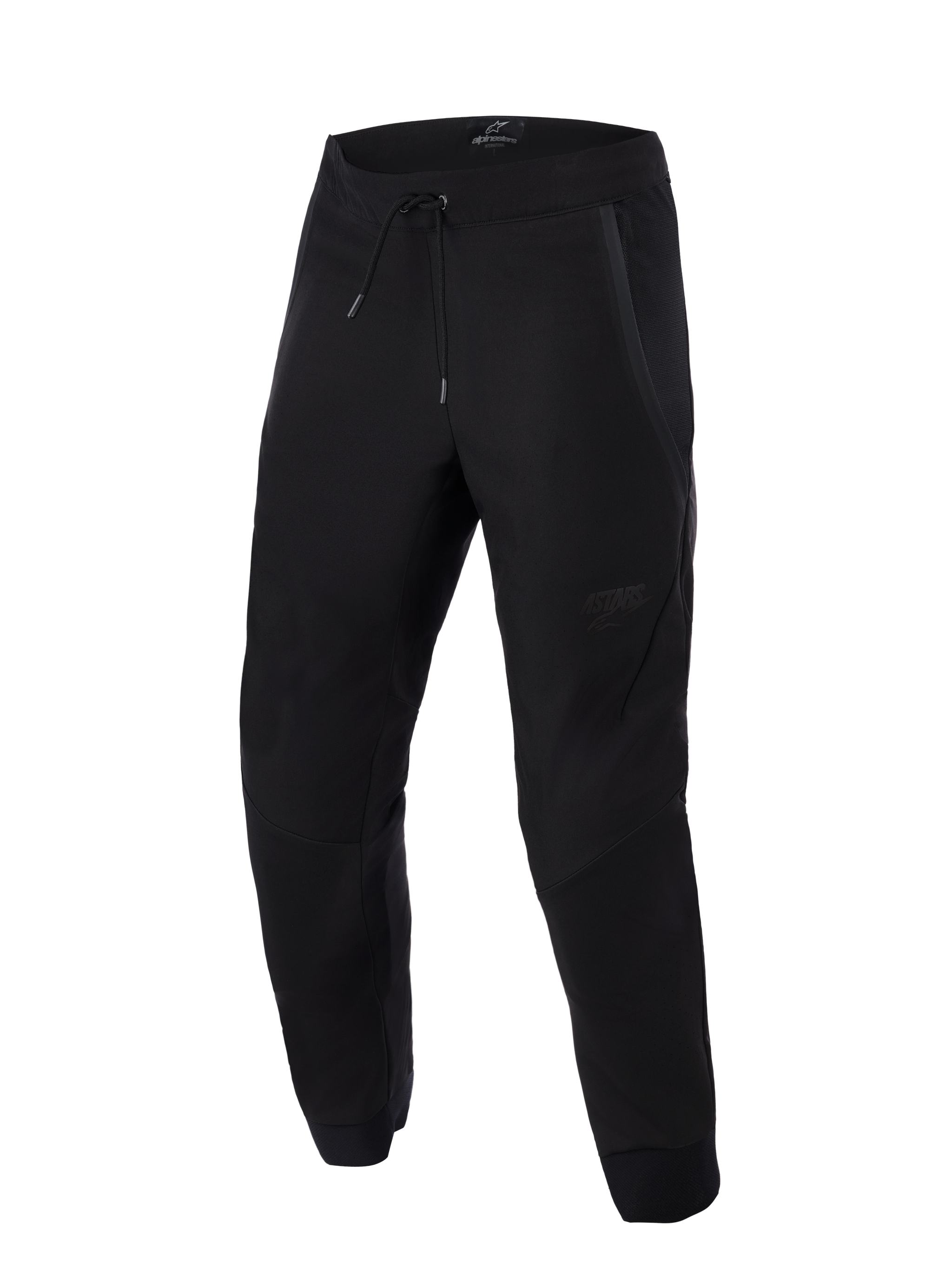 Alpinestars Aeroshell Airflow broek, zwart, lichtgewicht sport- en tourmotorbroek, voorzien van uitgebreide mesh-panelen voor ventilatie, elastische tailleband met trekkoord, voorgebogen broekspijpen en een subtiel tonaal logo op de dij.