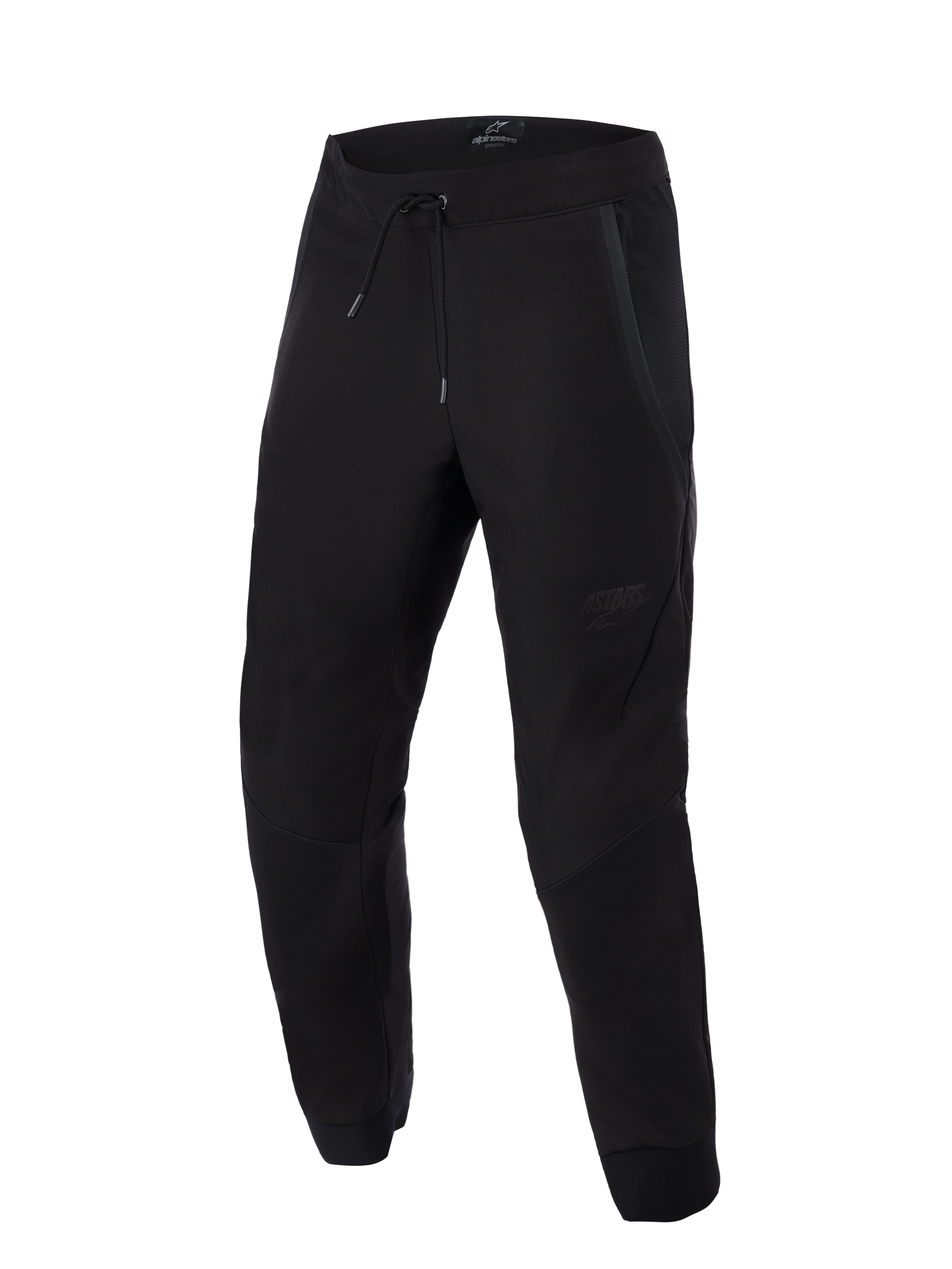 Alpinestars Aeroshell Airflow broek, zwart, lichtgewicht sport- en tourmotorbroek, voorzien van uitgebreide mesh-panelen voor ventilatie, elastische tailleband met trekkoord, voorgebogen broekspijpen en een subtiel tonaal logo op de dij.