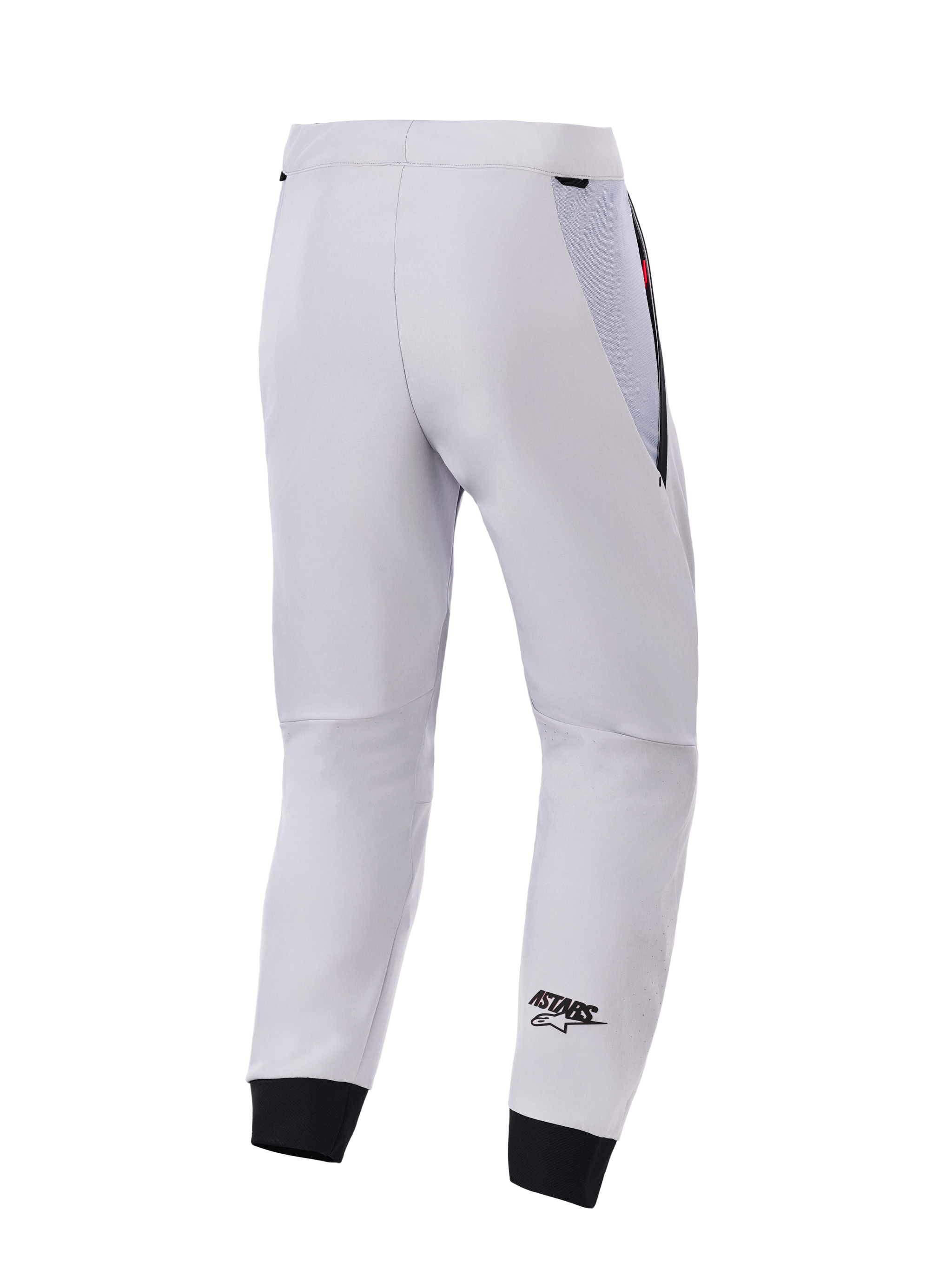 Alpinestars Aeroshell Airflow broek, achteraanzicht, Mid Gray, technische softshell motorbroek, met zwarte meshpanelen op de heupen en elastische boorden, zwart ASTARS-logo op het onderbeen, lichtgewicht en geventileerd sportief ontwerp
