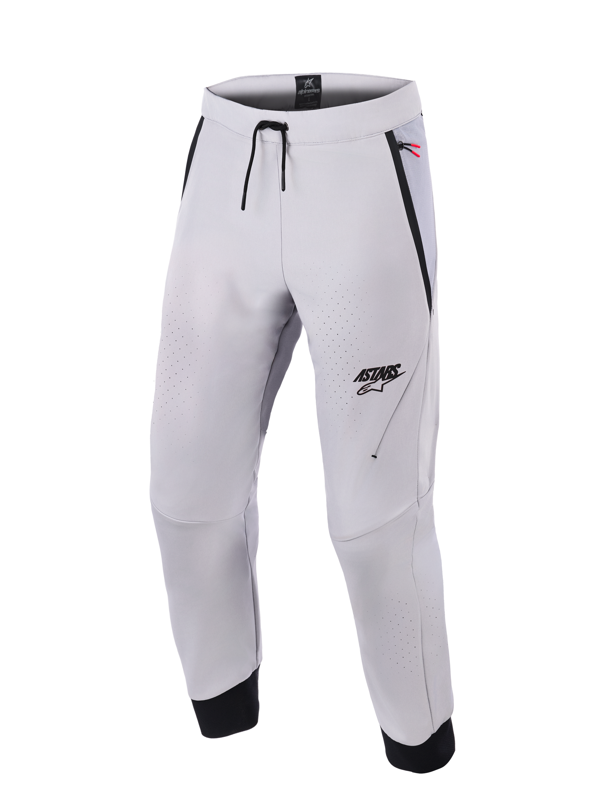 Alpinestars Aeroshell Airflow Broek, Mid Gray motorbroek, met lasergeperforeerde ventilatiezones, ASTARS-logo op het linkerdijbeen, tailleband met trekkoord en zwarte enkelmanchetten, technisch softshell-ontwerp voor sportief en stedelijk rijden