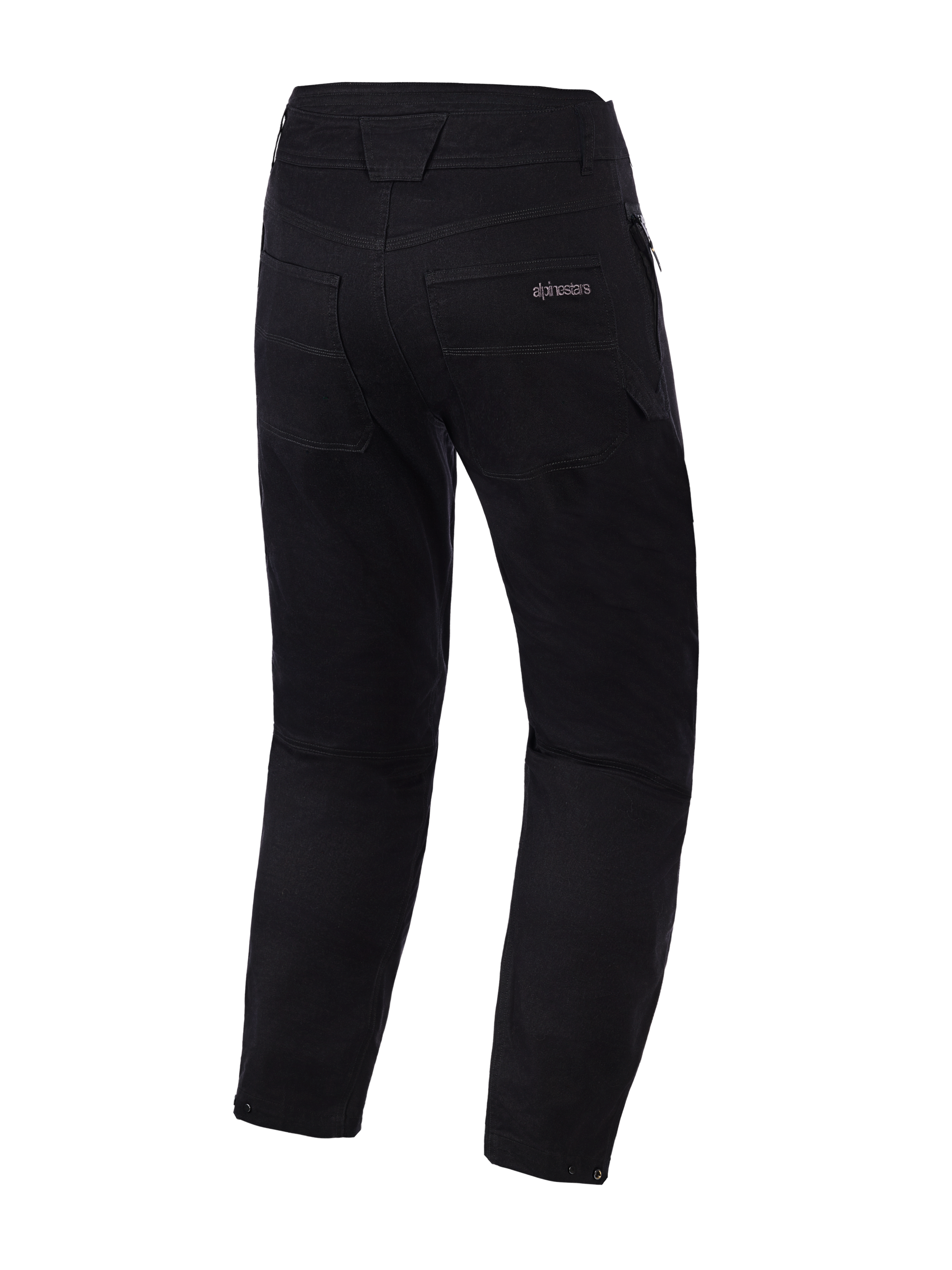 Alpinestars Flex-AST Canvas Pants, zwart, achteraanzicht, motorbroek in klassieke werkkledingstijl met Alpinestars-logo op de achterzak, contrasterende decoratieve siernaden en verstelbare drukknopen aan de broekspijpzoom