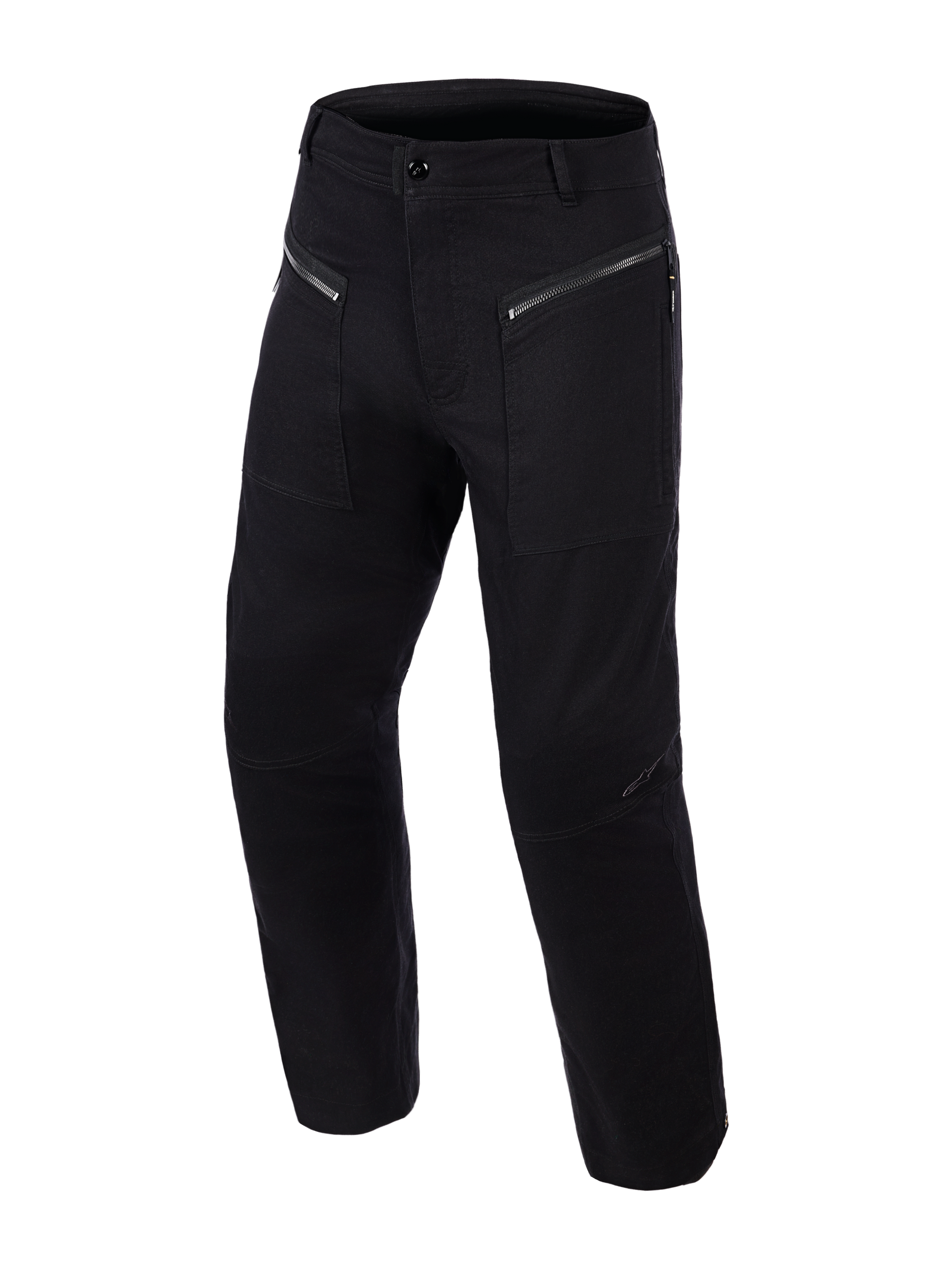 Alpinestars Flex-AST Canvas Pants, stedelijke motorbroek, zwart, met geplooide voorzakken met ritssluiting, ergonomisch voorgevormde knieën, stretch canvas textiel, op werkkleding geïnspireerd ontwerp voor stedelijk rijden