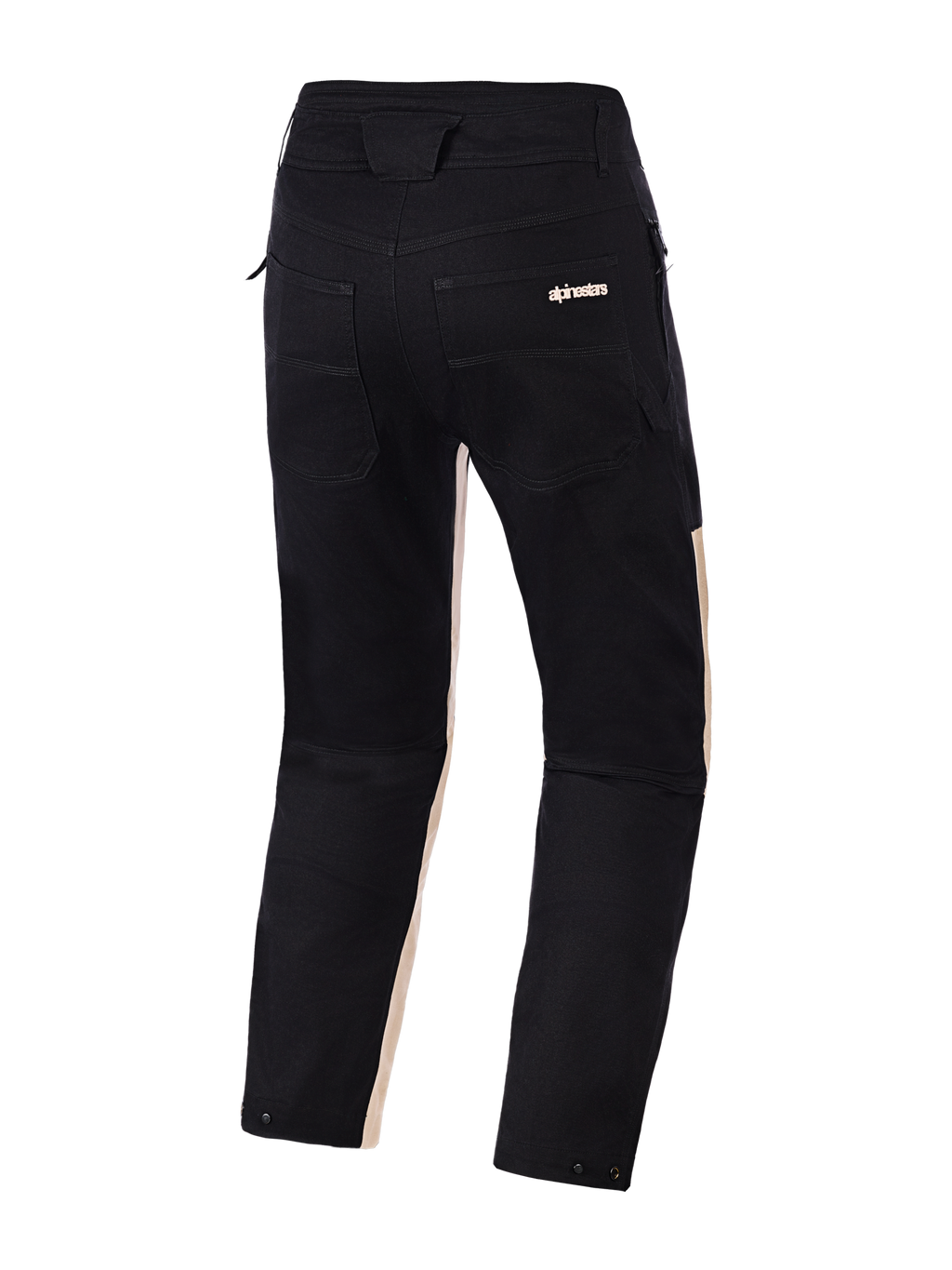 Alpinestars Flex-AST Canvas Broek, achteraanzicht, Black Aluminum, uitgevoerd in zwarte polykatoen twill met lichtbruine accenten aan de binnenkant van de pijpen, dubbele achterzakken met Alpinestars-branding en drukknopverstellers bij de beenopeningen, urban motorbroek met een op werkkleding geïnspireerd ontwerp.