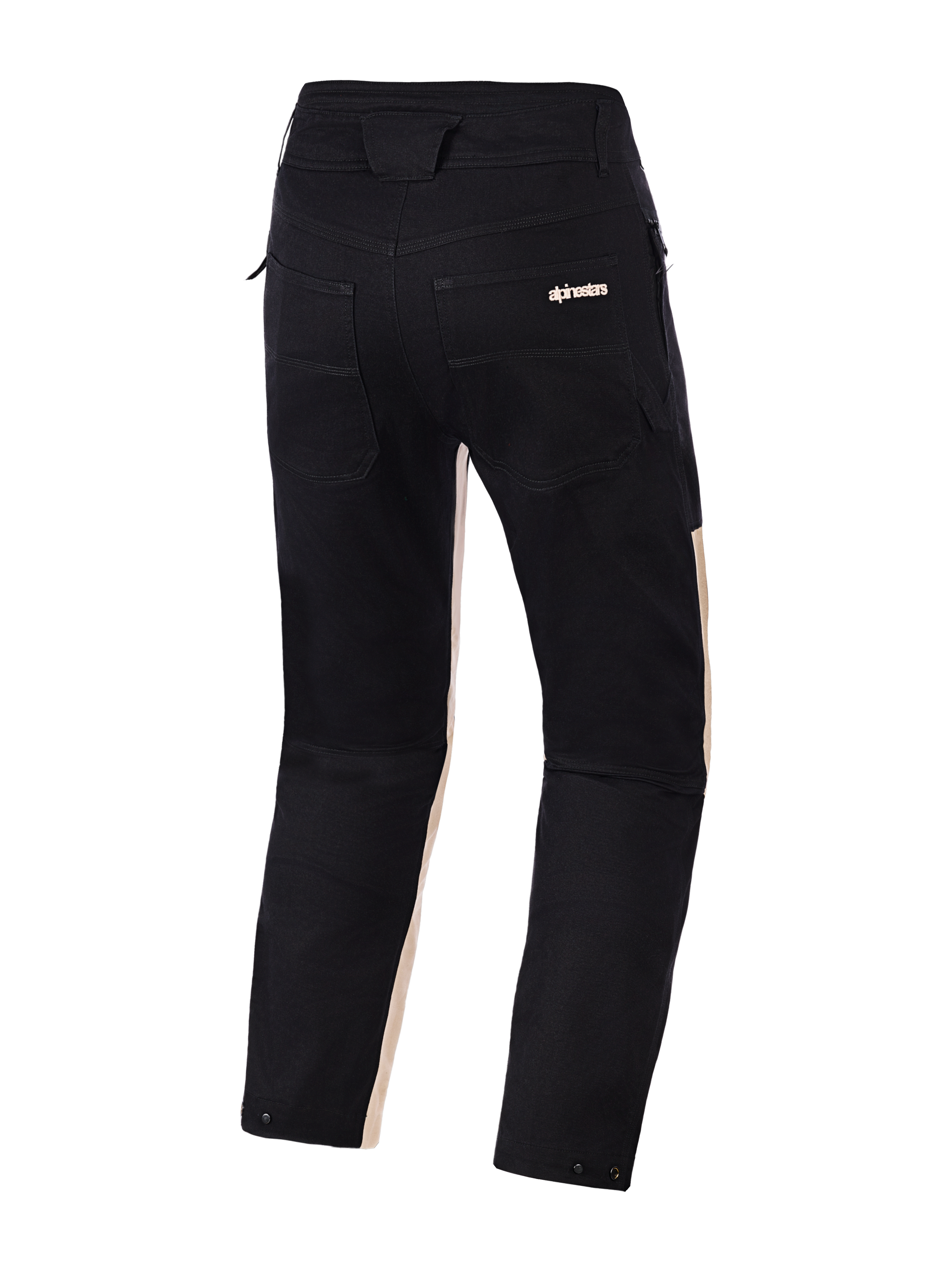 Alpinestars Flex-AST Canvas Broek, achteraanzicht, Black Aluminum, uitgevoerd in zwarte polykatoen twill met lichtbruine accenten aan de binnenkant van de pijpen, dubbele achterzakken met Alpinestars-branding en drukknopverstellers bij de beenopeningen, urban motorbroek met een op werkkleding geïnspireerd ontwerp.