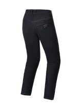 Alpinestars Flex-AST 5 Denim broek, motorjeans, Black Washed, achteraanzicht met achterzakken en Alpinestars-logopatch, enkellaagse stretch denim constructie met een normale taps toelopende pasvorm