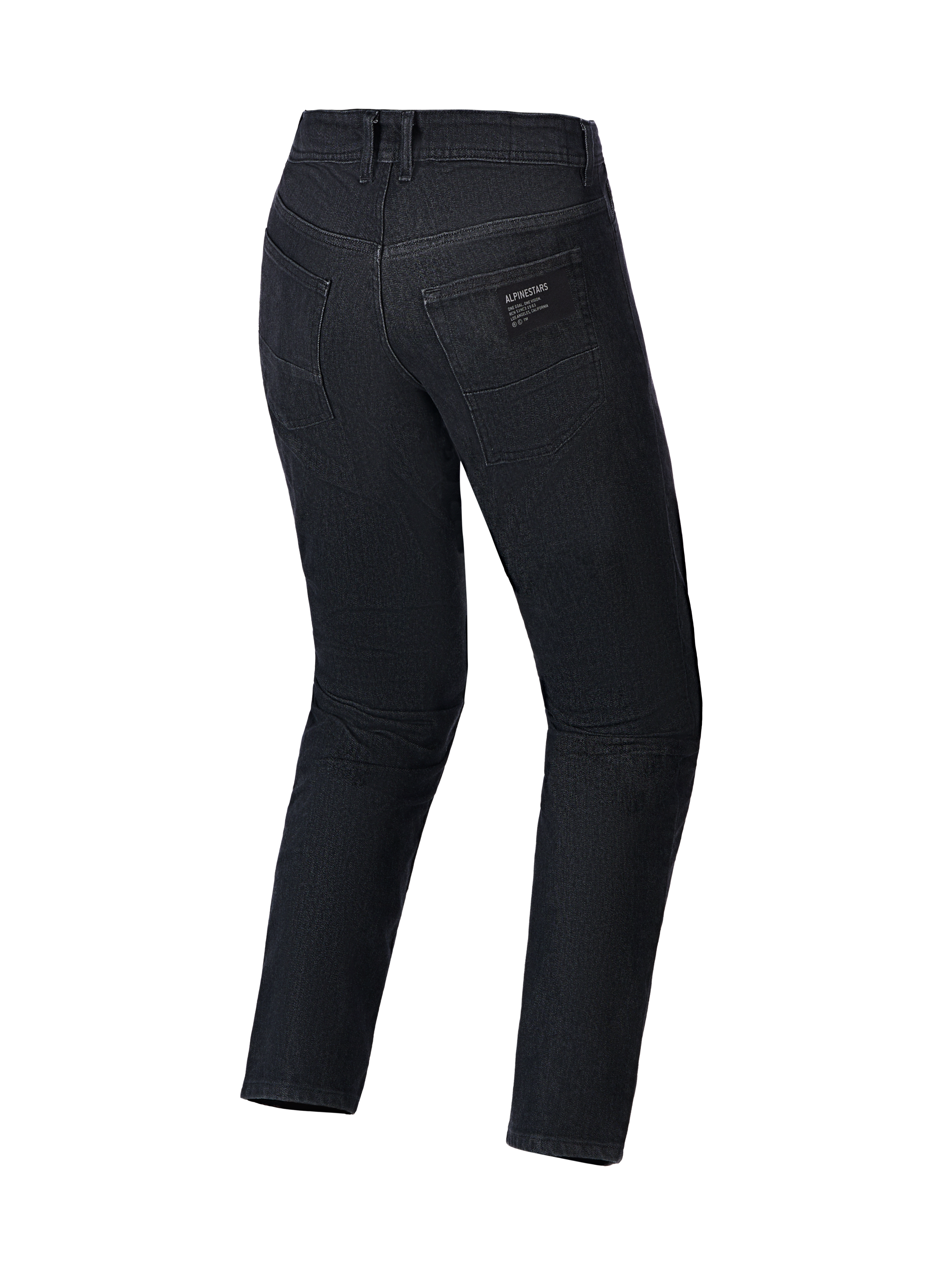 Alpinestars Flex-AST 5 Denim broek, motorjeans, Black Washed, achteraanzicht met achterzakken en Alpinestars-logopatch, enkellaagse stretch denim constructie met een normale taps toelopende pasvorm