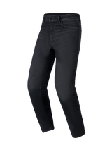 Alpinestars Flex-AST 5 Denim Broek in Black Washed, urban motorjeans met een taps toelopende pasvorm, monolaag stretch denim constructie en klassiek five-pocket ontwerp, driekwart vooraanzicht