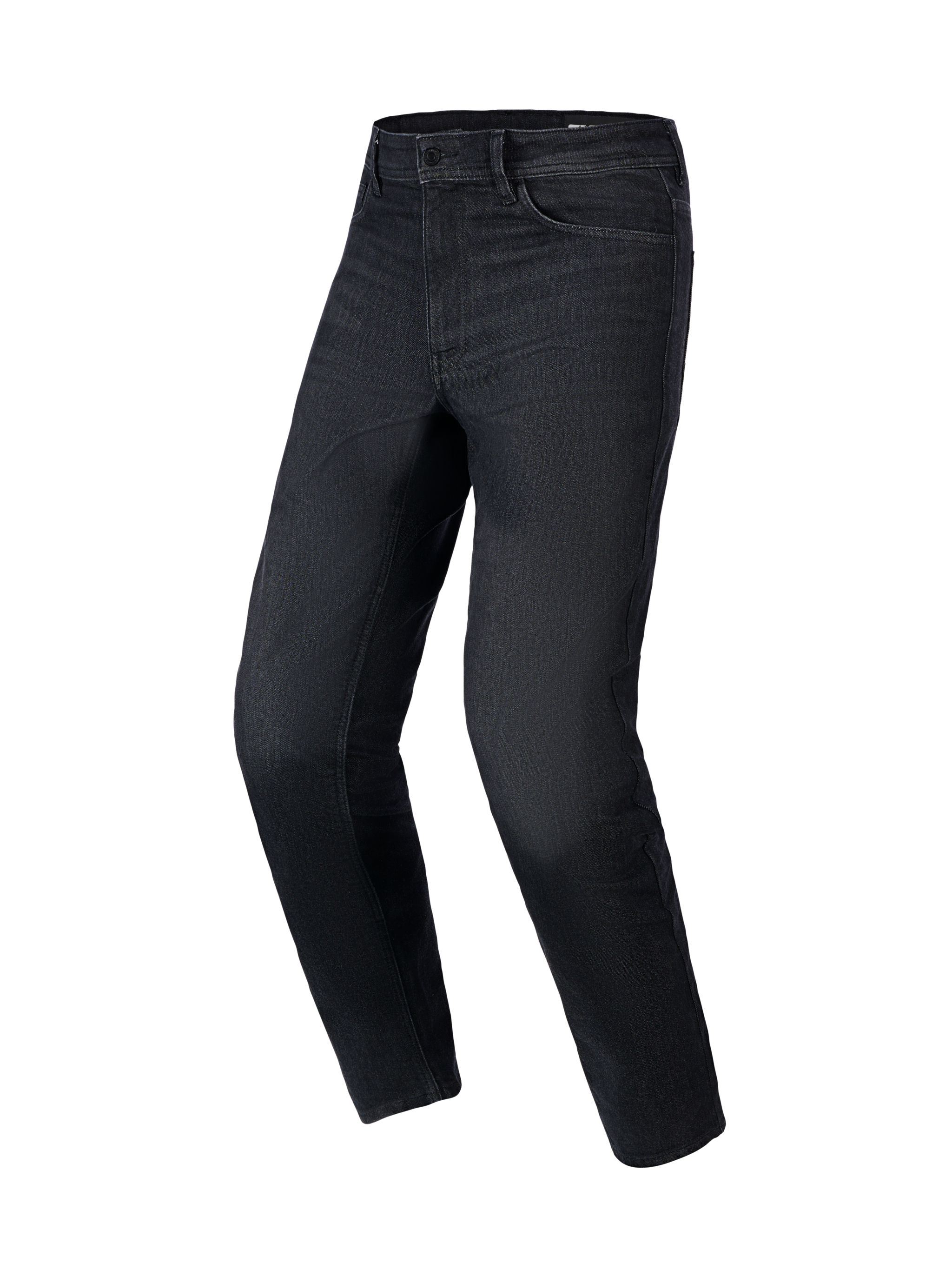 Alpinestars Flex-AST 5 Denim Broek in Black Washed, urban motorjeans met een taps toelopende pasvorm, monolaag stretch denim constructie en klassiek five-pocket ontwerp, driekwart vooraanzicht