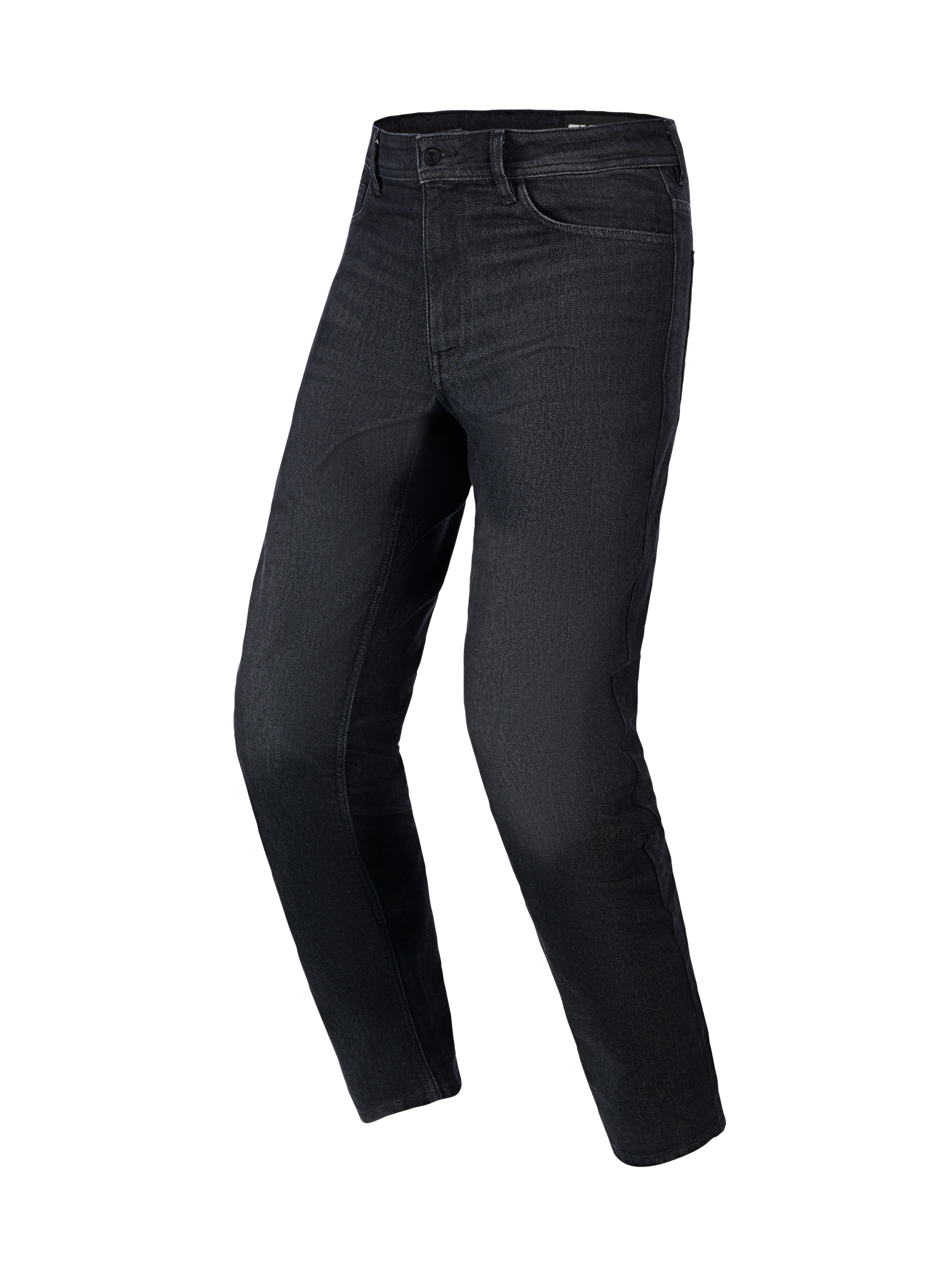 Alpinestars Flex-AST 5 Denim Broek in Black Washed, urban motorjeans met een taps toelopende pasvorm, monolaag stretch denim constructie en klassiek five-pocket ontwerp, driekwart vooraanzicht