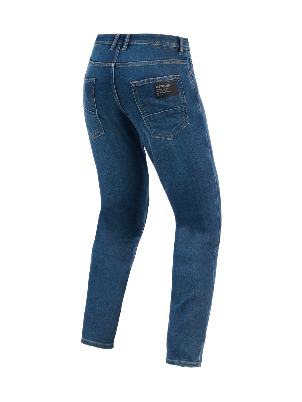 Alpinestars Flex-AST 5 Denim Broek - Kort, urban motorbroek, Indigo Washed, achteraanzicht met klassieke achterzakken, zwarte merkpatch op de rechterzak en een moderne toelopende pasvorm in stretchdenim