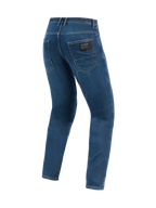 Alpinestars Flex-AST 5 Denim Broek - Kort, urban motorbroek, Indigo Washed, achteraanzicht met klassieke achterzakken, zwarte merkpatch op de rechterzak en een moderne toelopende pasvorm in stretchdenim