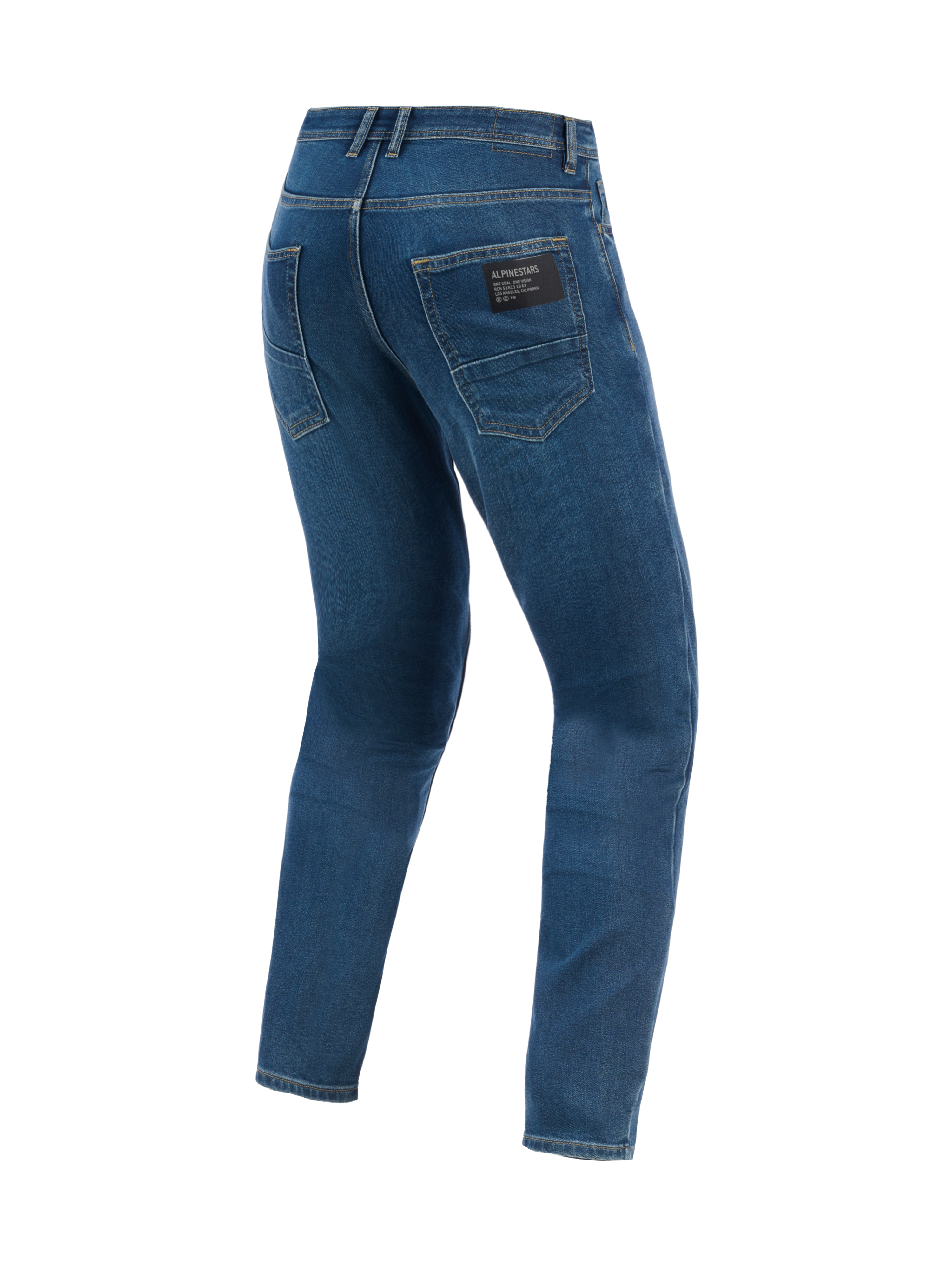 Alpinestars Flex-AST 5 Denim Broek - Kort, urban motorbroek, Indigo Washed, achteraanzicht met klassieke achterzakken, zwarte merkpatch op de rechterzak en een moderne toelopende pasvorm in stretchdenim