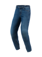 Alpinestars Flex-AST 5 Denim Broek - Short, Indigo Washed blauwe motorjeans, toelopende pasvorm met voorgevormde pijpen, urban rijstijl met strakke denim afwerking, versterkte stiksels en casual vijf-pocket design