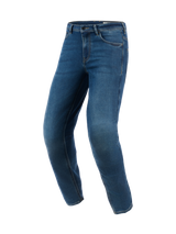 Alpinestars Flex-AST 5 Denim Pants - Short, Indigo Washed blue motorcycle jeans, tapered fit with pre-curved legs, urban riding style with a clean denim finish, featuring reinforced stitching and casual five-pocket design.