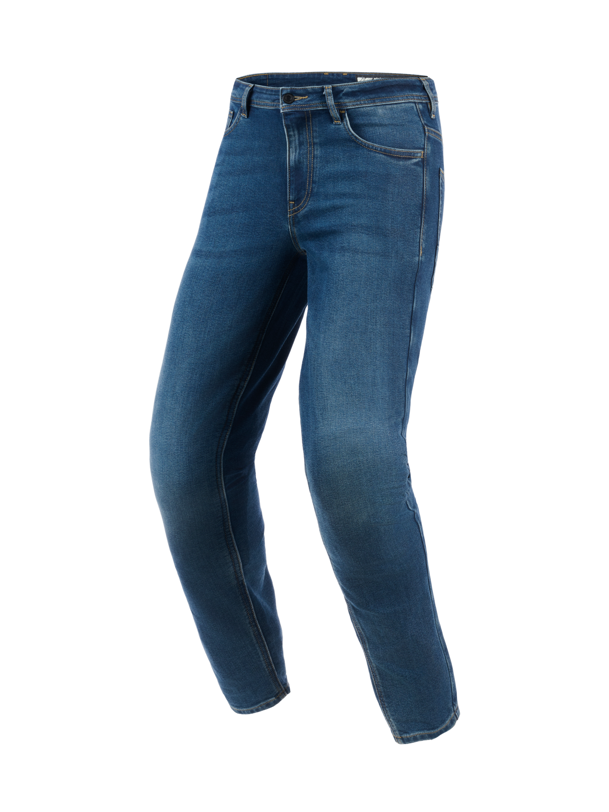 Alpinestars Flex-AST 5 Denim Pants - Short, Indigo Washed blue motorcycle jeans, tapered fit with pre-curved legs, urban riding style with a clean denim finish, featuring reinforced stitching and casual five-pocket design.