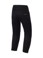 Alpinestars Flex-AST Canvas Pants Short, zwarte motorbroek, achteraanzicht met achterzakken en taille-details, strakke urban motorstijl met subtiele Alpinestars-branding op de zak, duurzame polykatoen twill stof