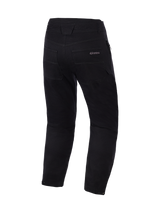 Alpinestars Flex-AST Canvas Pants Short, zwarte motorbroek, achteraanzicht met achterzakken en taille-details, strakke urban motorstijl met subtiele Alpinestars-branding op de zak, duurzame polykatoen twill stof