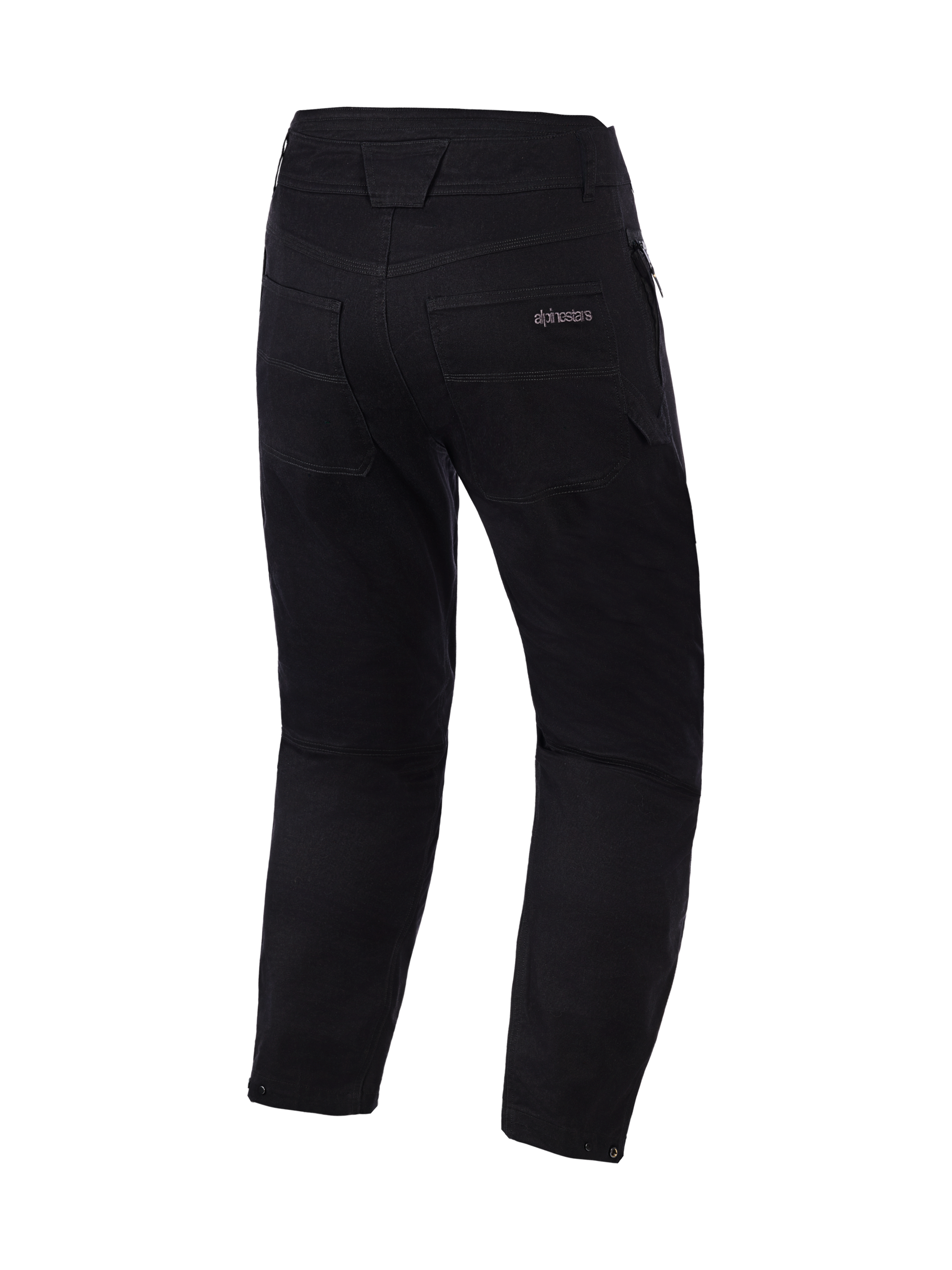 Alpinestars Flex-AST Canvas Pants Short, zwarte motorbroek, achteraanzicht met achterzakken en taille-details, strakke urban motorstijl met subtiele Alpinestars-branding op de zak, duurzame polykatoen twill stof