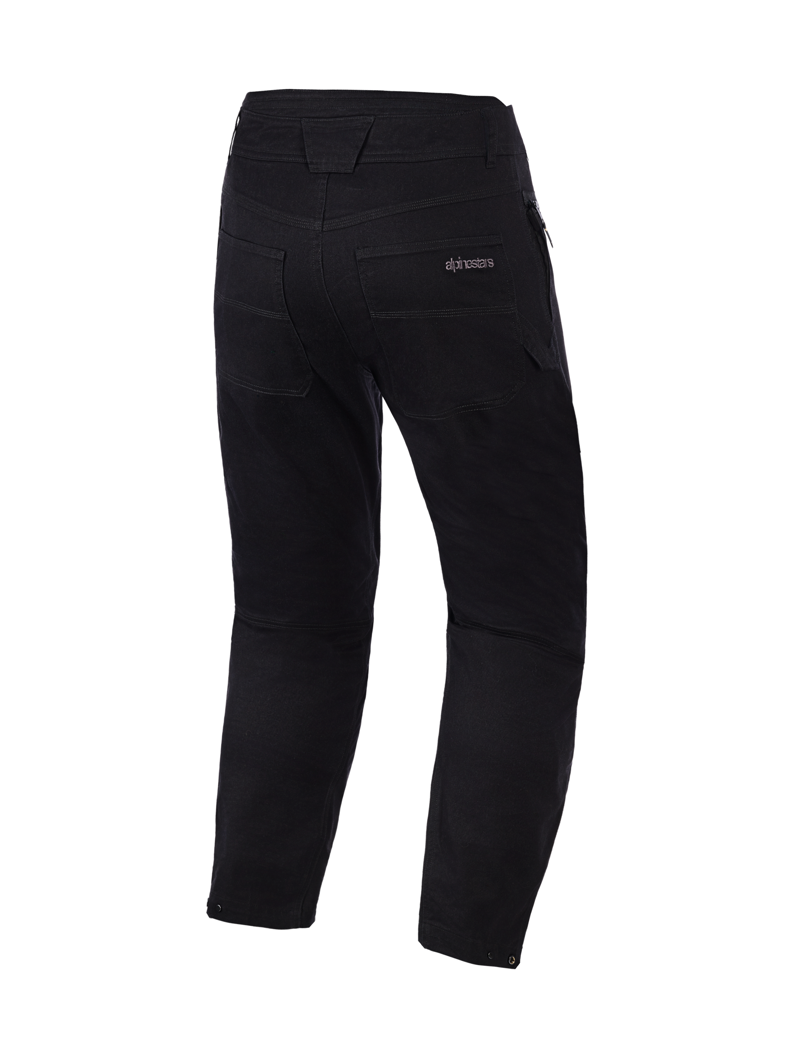 Alpinestars Flex-AST Canvas Pants Short, zwarte motorbroek, achteraanzicht met achterzakken en taille-details, strakke urban motorstijl met subtiele Alpinestars-branding op de zak, duurzame polykatoen twill stof