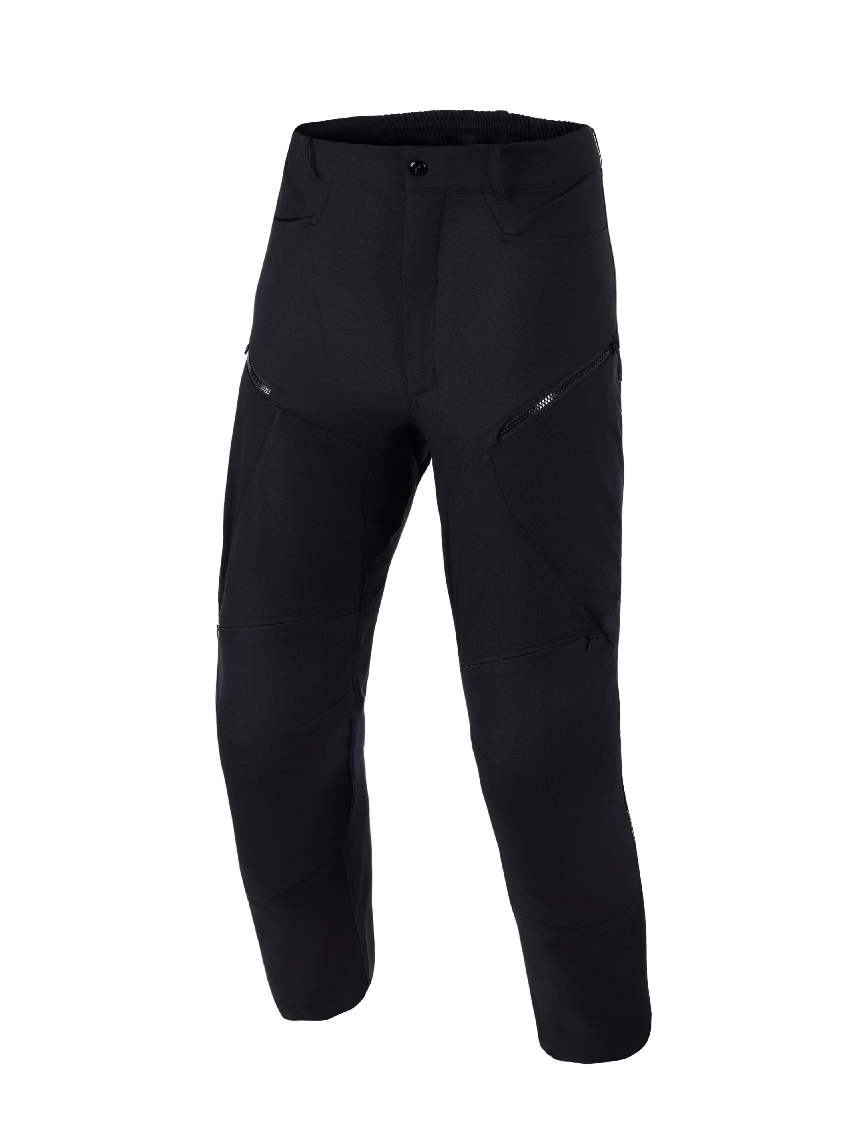 Alpinestars Explore AST Pants Short, adventure motorbroek, zwart, vooraanzicht, voorzien van een technische stretch ripstop-constructie, diagonale cargozakken met ritssluiting en een ergonomisch ontwerp voor rijden in warm weer